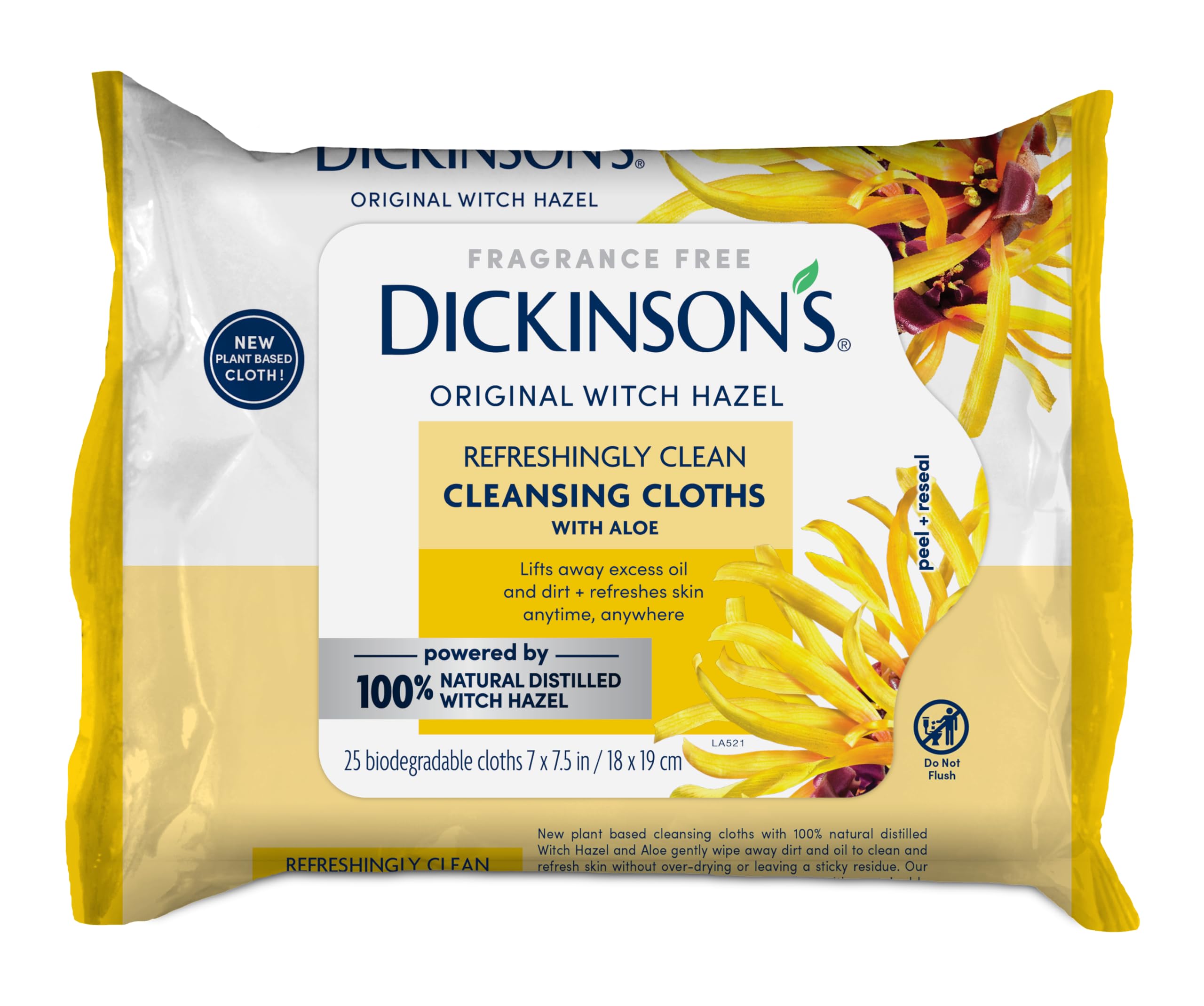 Dickinson's Original Witch Hazel Cleansing Cloths with Aloe | 100% Natural Distilled Witch Hazel | Extra-Large, Ultra-Soft Wipes | Removes Dirt, Oil, Makeup | 25 Cloths (1 Pack)