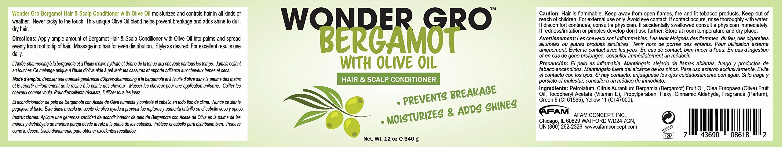 Bergamot with Olive Oil Hair Grease Styling Conditioner, 12 fl oz - Prevents Breakage - Moisturizes & Adds Shine by Wonder Gro