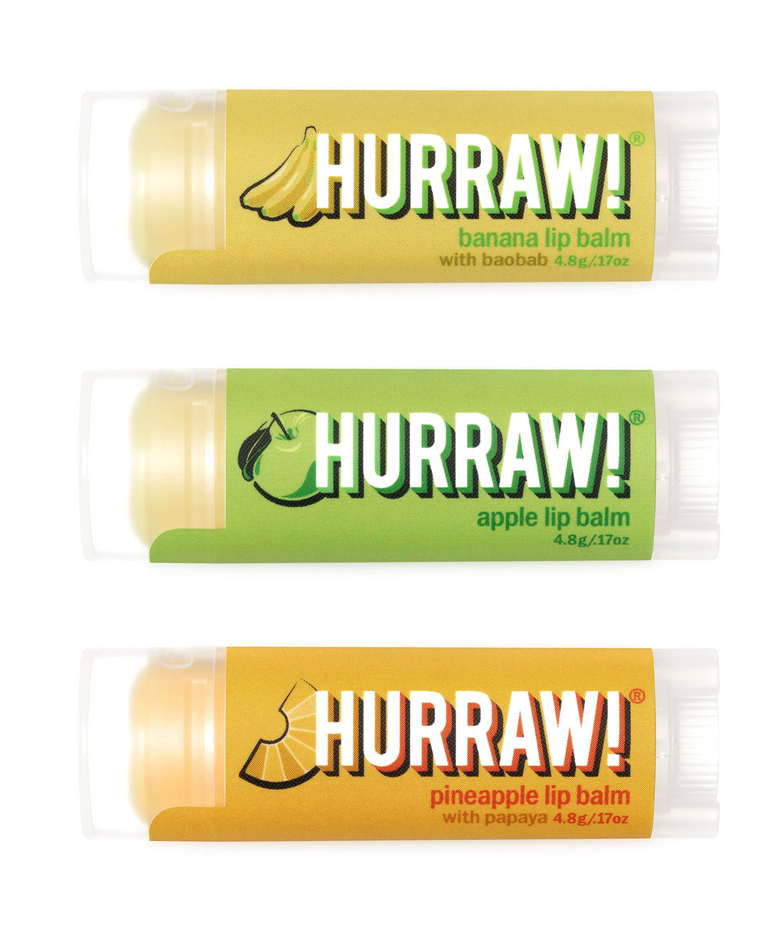 Hurraw! Banana, Apple, Pineapple Lip Balms, 3 Pack Bundle: Organic, Certified Vegan, Cruelty and Gluten Free. Non-GMO, 100% Natural. Bee, Shea, Soy & Palm Free. Made in USA