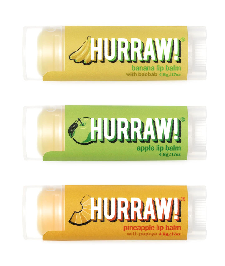 Hurraw! Banana, Apple, Pineapple Lip Balms, 3 Pack Bundle: Organic, Certified Vegan, Cruelty and Gluten Free. Non-GMO, 100% Natural. Bee, Shea, Soy & Palm Free. Made in USA