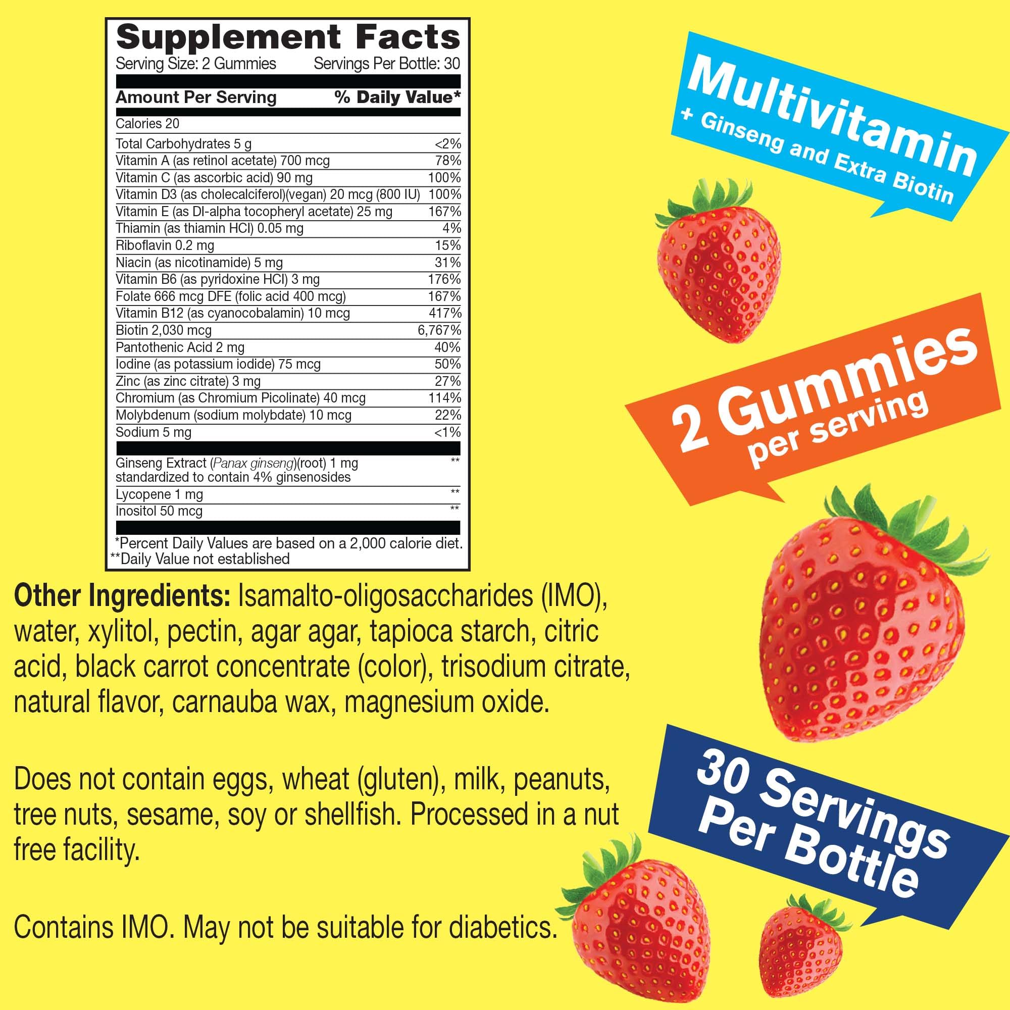 Multivitamin Sugar Free Gummies with Ginseng, Vitamin A, C, D3, E, B12, B6, B1, B2, B5, Niacin, Folic acid, Biotin, Iodine, Zinc, Chromium, Molybdenum, Lycopene, Inositol - Vegan - 60 Gummies