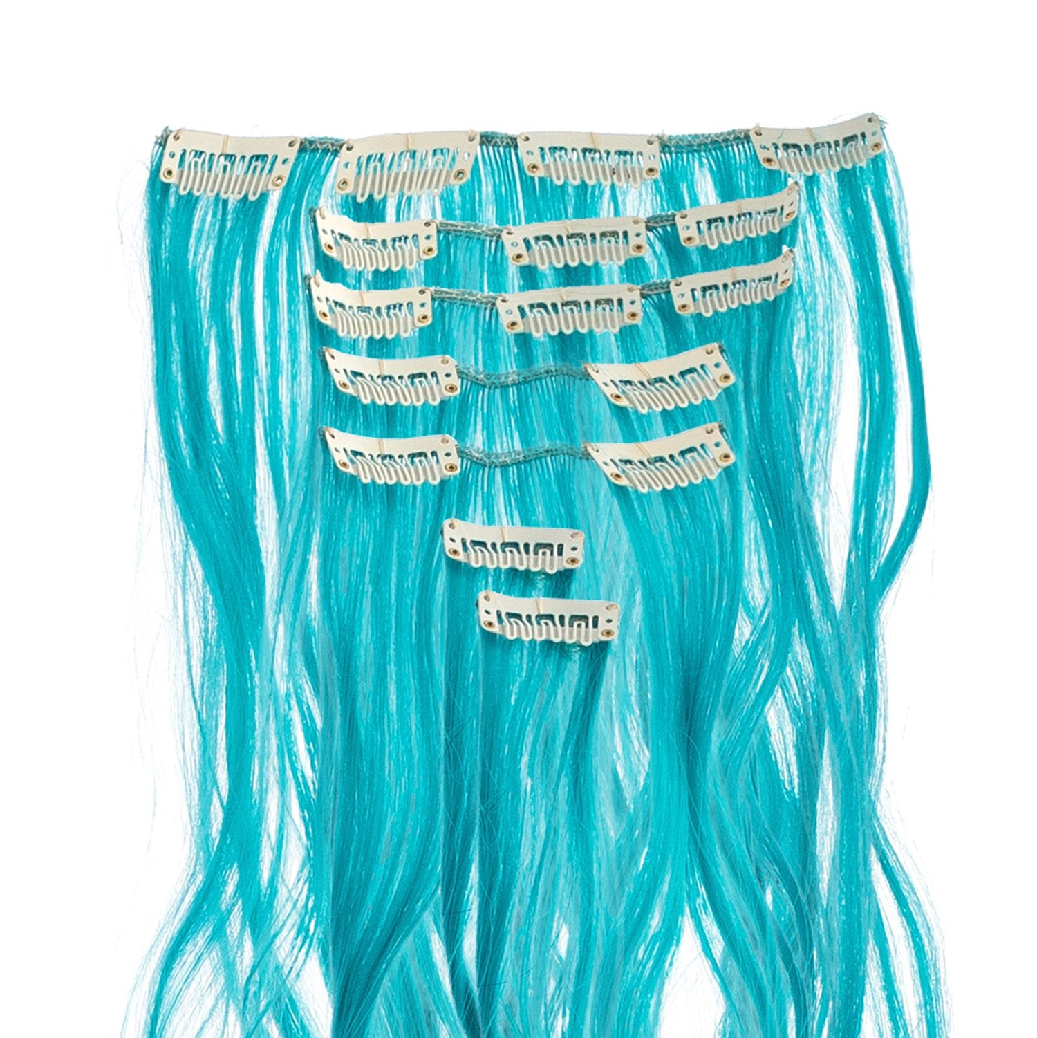 20-Inch Curly, Teal Blue : SWACC 7 Pcs Full Head Party Highlights Clip on in Hair Extensions Colored Hair Streak Synthetic Hairpieces (20-Inch Curly, Teal Blue)