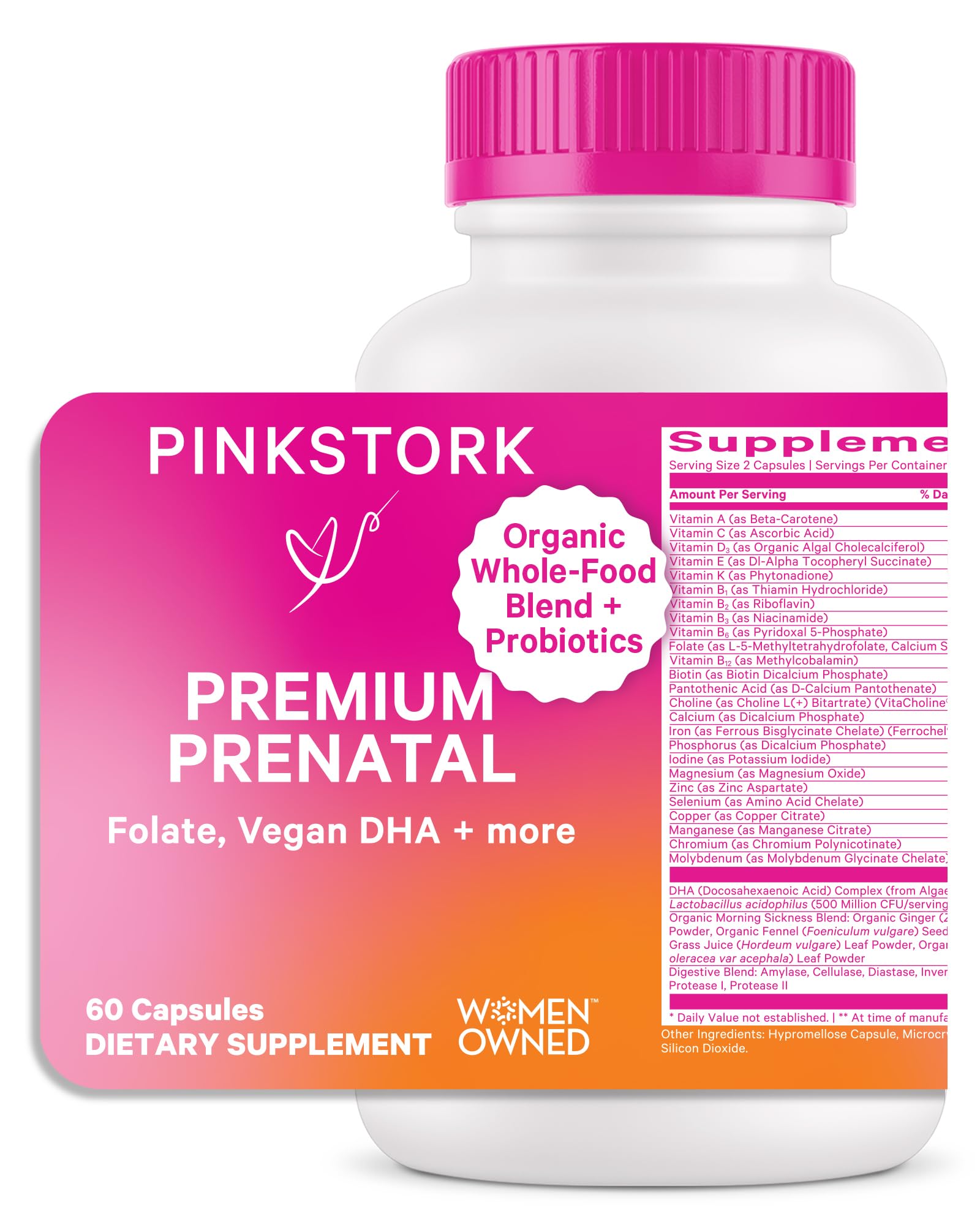 Pink Stork Premium Prenatal Vitamin for Women - Organic Whole-Food Ingredients, Multivitamin & Probiotics - Morning Sickness, Digestion, & Energy - Folate, B6, & Iron - 60 Capsules