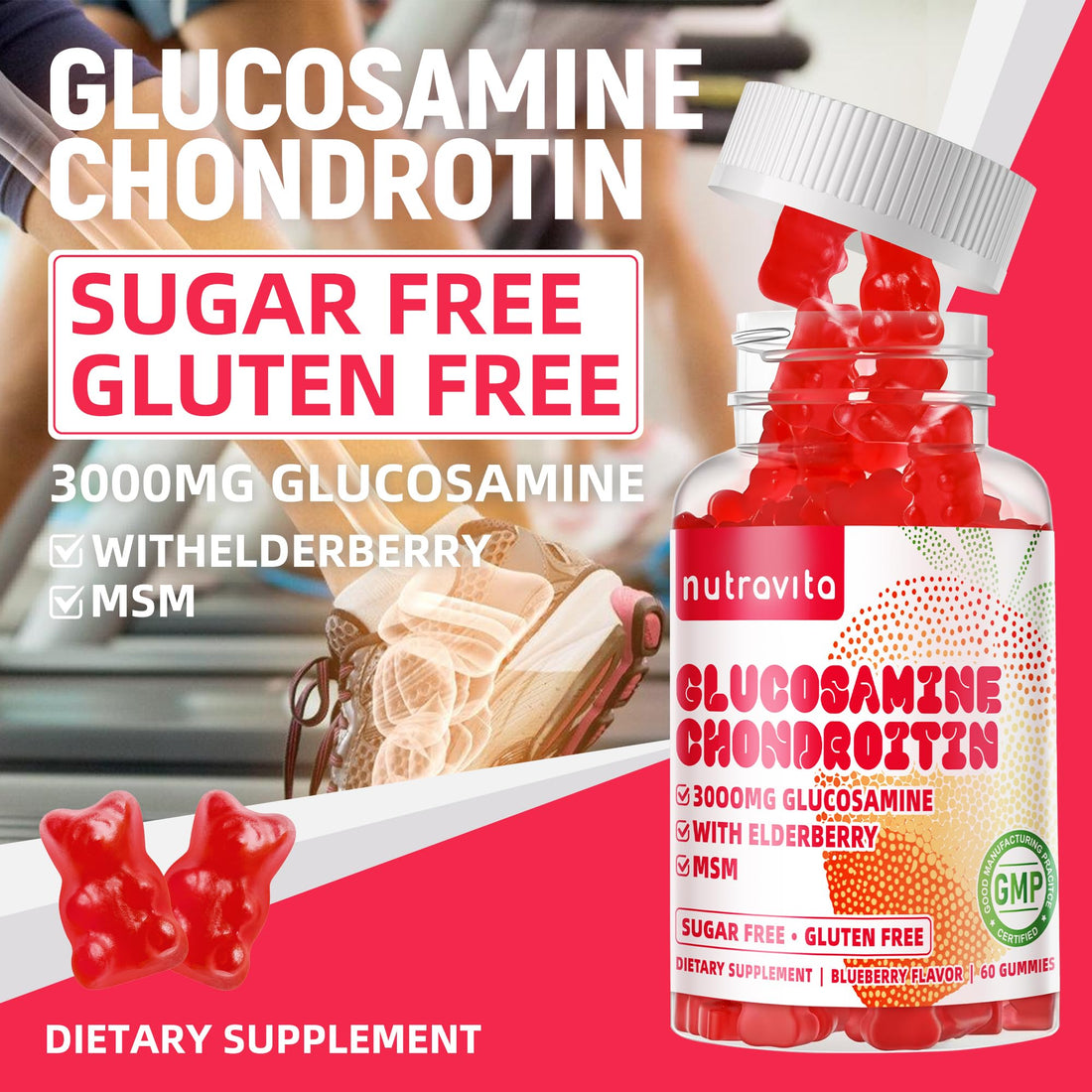 Nutravita Glucosamine Chondroitin Gummies with MSM & Elderberry Extra Strength - Joint Support, Antioxidant Immune Support Supplement for Adults, Men & Women.60 Strawberry Chews