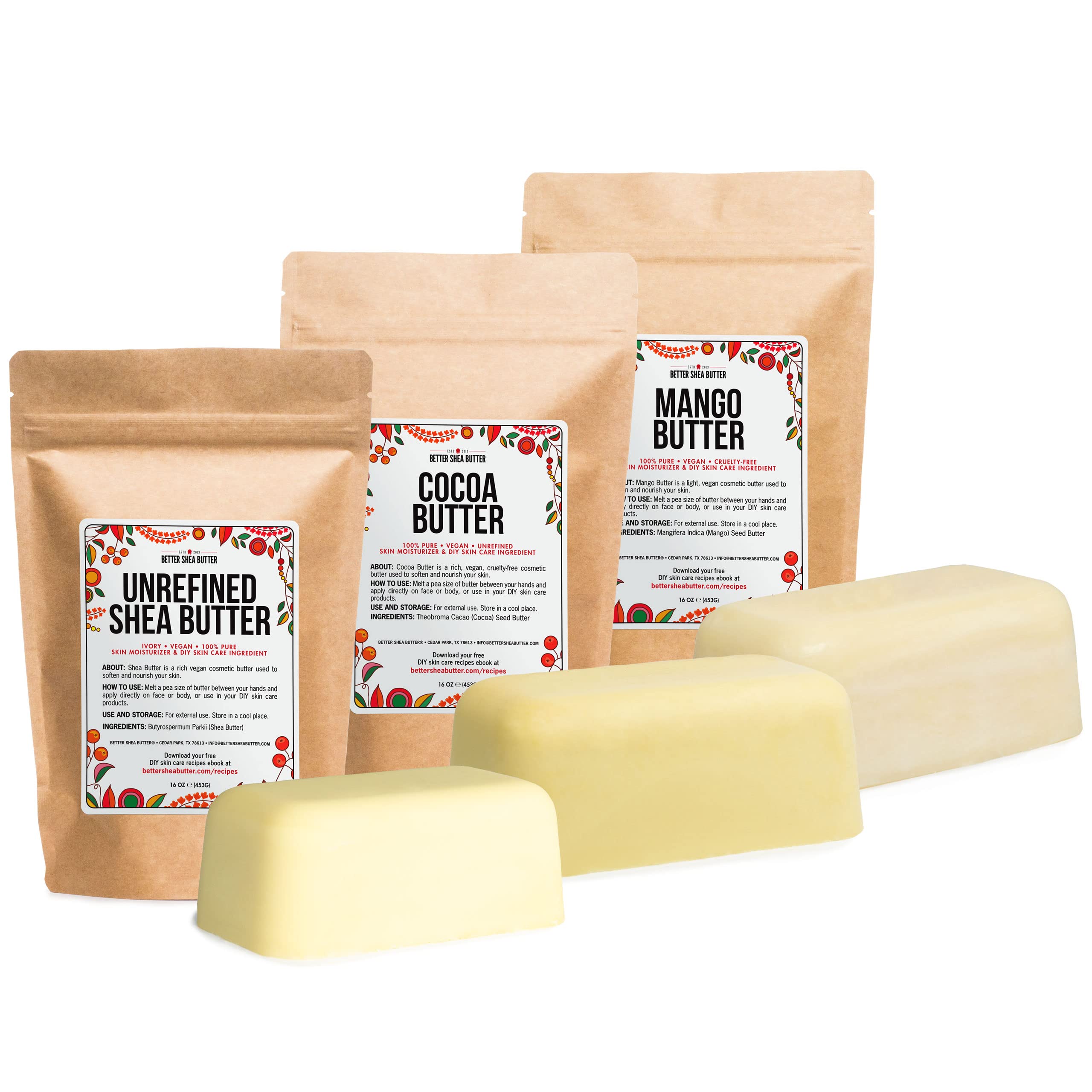 Better Shea Butter Set of Raw Shea Butter, Raw Mango Butter, Unrefined Cocoa Butter For Soap Making and DIY Body Butters, Lip Balms, Body Lotions - Each Butter is 16 oz Making 48 oz Total (3-Pack Set)