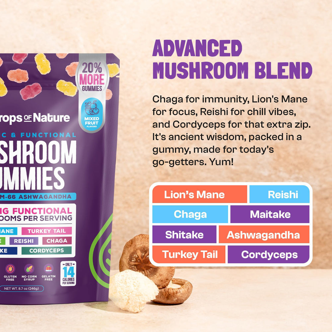 Ashwagandha and Lions Mane Mushroom Supplement Gummies - Organic - Reishi, Cordyceps, Turkey Tail, Maitake, Shitake, Chaga - Immune Defense, Boosts Cognitive Performance, Vegan, Low Carb