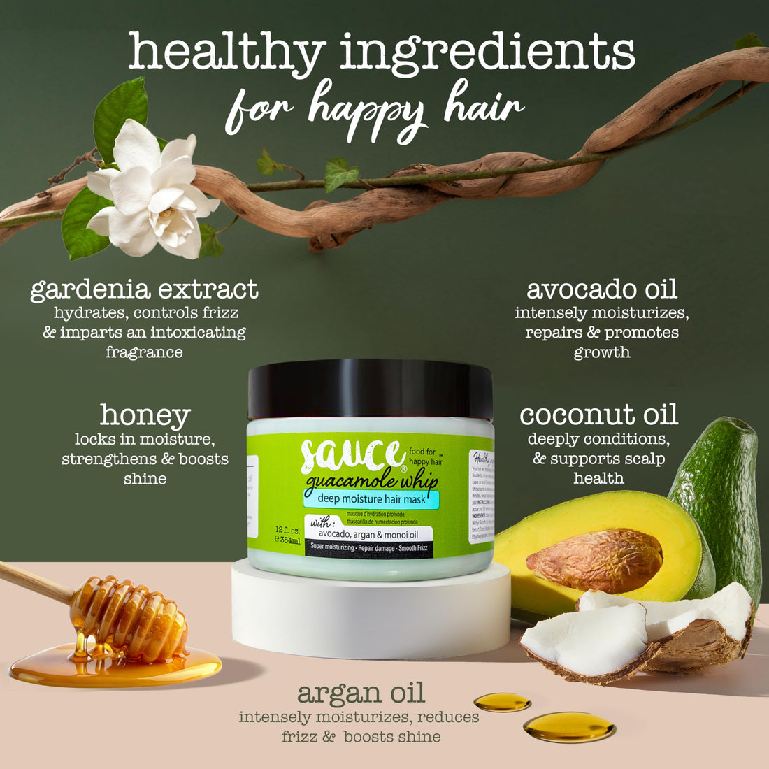 SAUCE BEAUTY Guacamole Whip Hair Mask - Deep Conditioning Hair Mask for All Hair Types w/Avocado, Honey & Argan Oil - 12 Fl Oz Hair Mask for Dry, Damaged & Frizzy Hair (Guacamole)