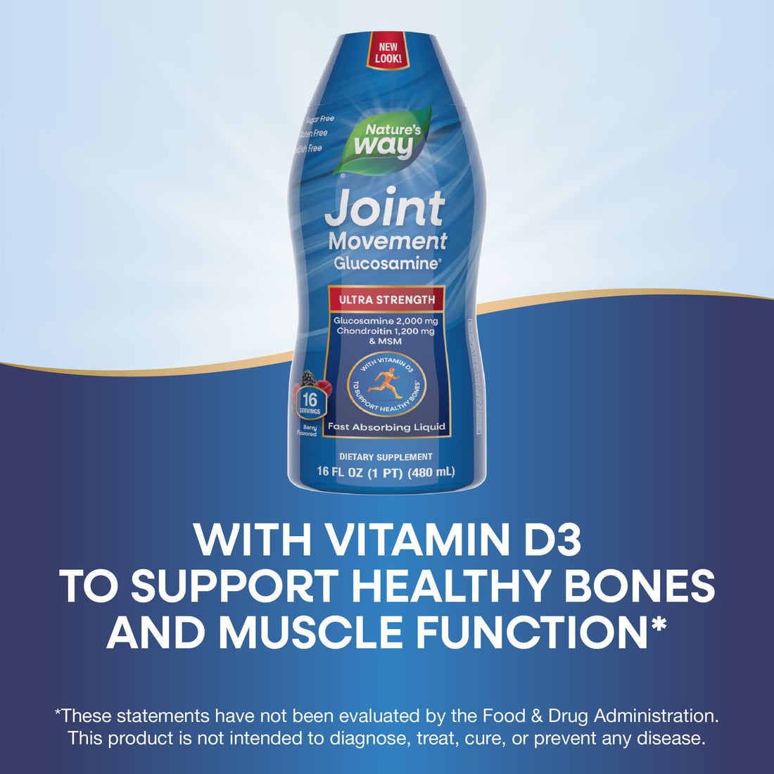 Nature's Way Joint Movement Glucosamine Fast Absorbing Liquid, Ultra Strength, Supports Healthy Bones*, Chondroitin, and MSM with Vitamin D3, Berry Flavored, 16 Fl Oz (Packaging May Vary)