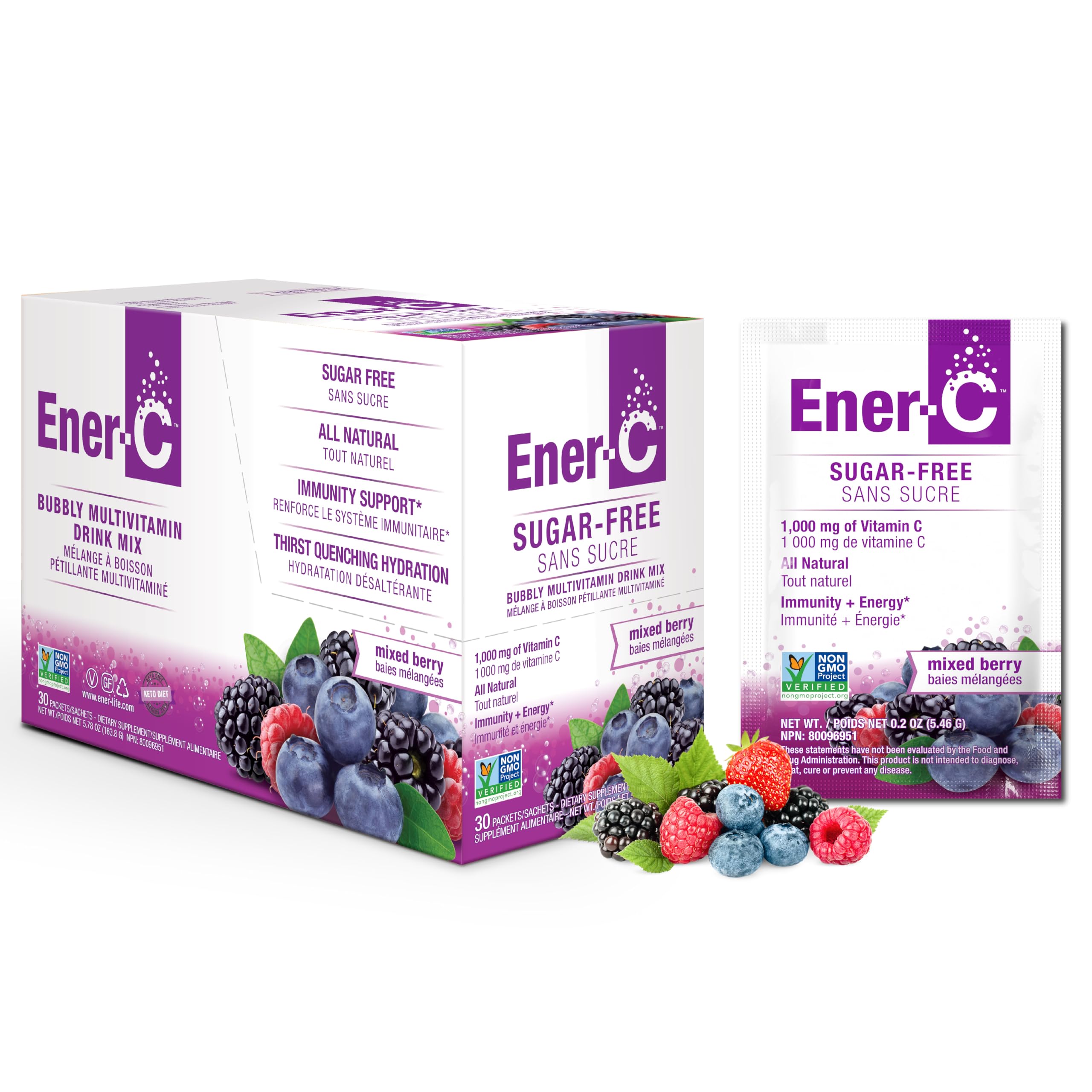 Ener-C Sugar Free Energy Mixed Berry Multivitamin Drink Mix Vitamin C 1000mg & Electrolytes - Natural Immunity Support with Real Fruit Juice Powders Non-GMO Vegan & Gluten Free - 30 Count