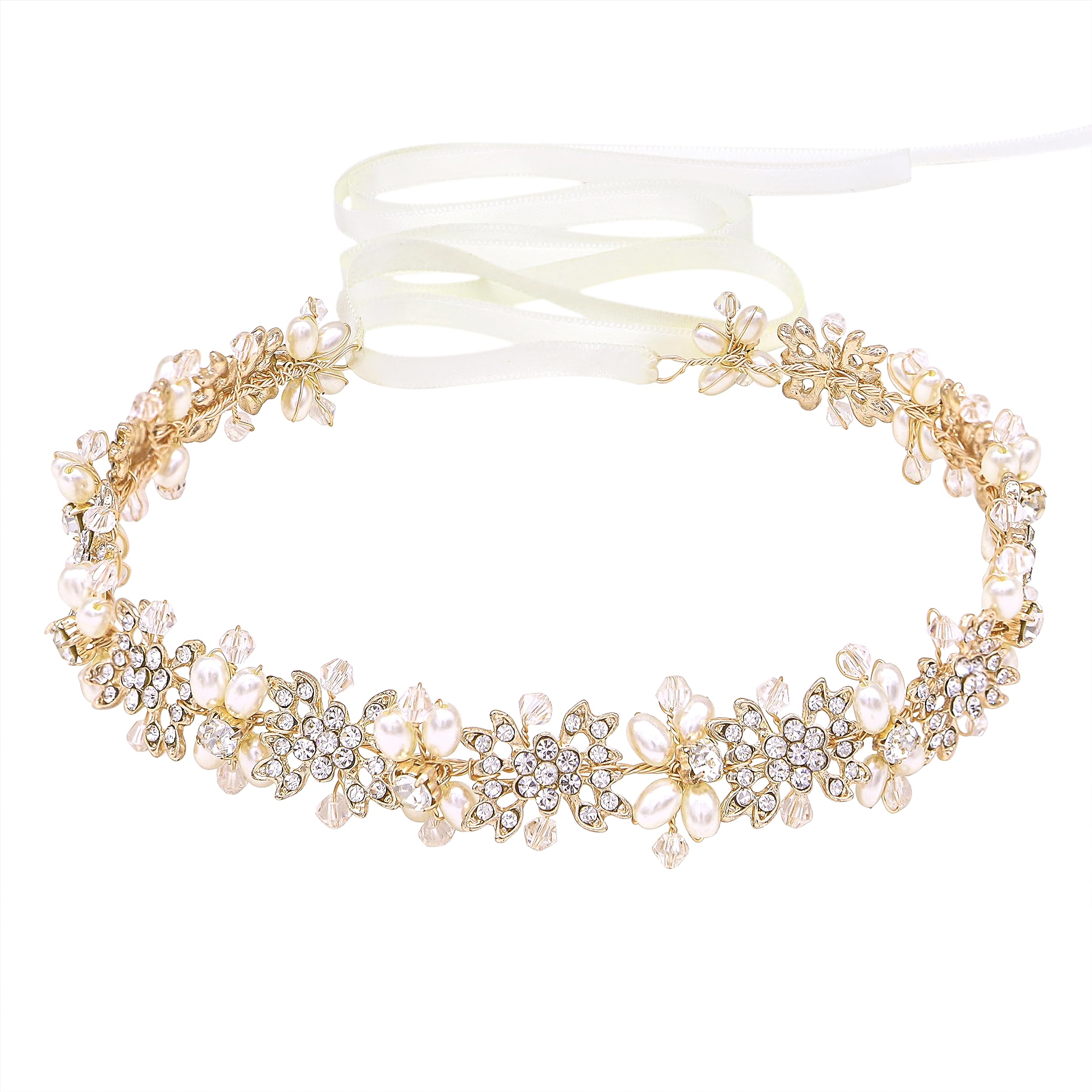 Ammei Bridal Headpiece Flower Design Wedding Headband Bridal Hair Accessories (Gold)