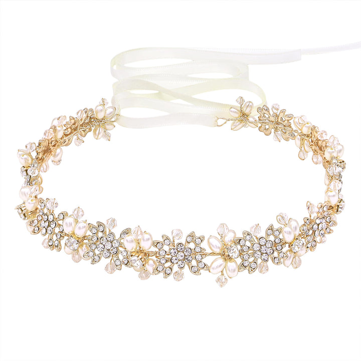 Ammei Bridal Headpiece Flower Design Wedding Headband Bridal Hair Accessories (Gold)