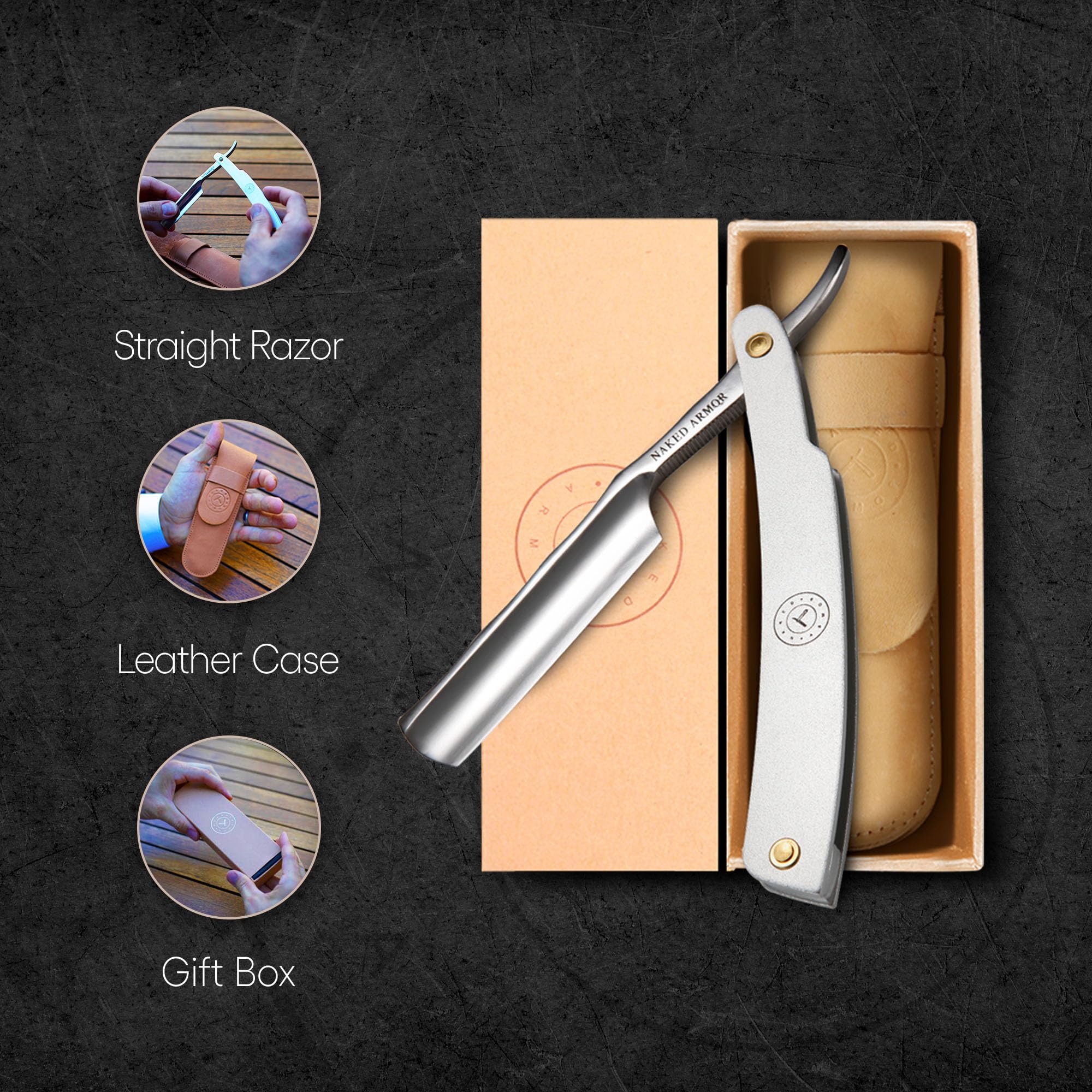 Straight Edge Stainless Steel Razor Silver Merlin - Shave Ready Straight Razor For Men, Japanese Straight Razor, Barber Approved For Magic Straight Razor Shaving, Powdered Steel Handle, Leather Case