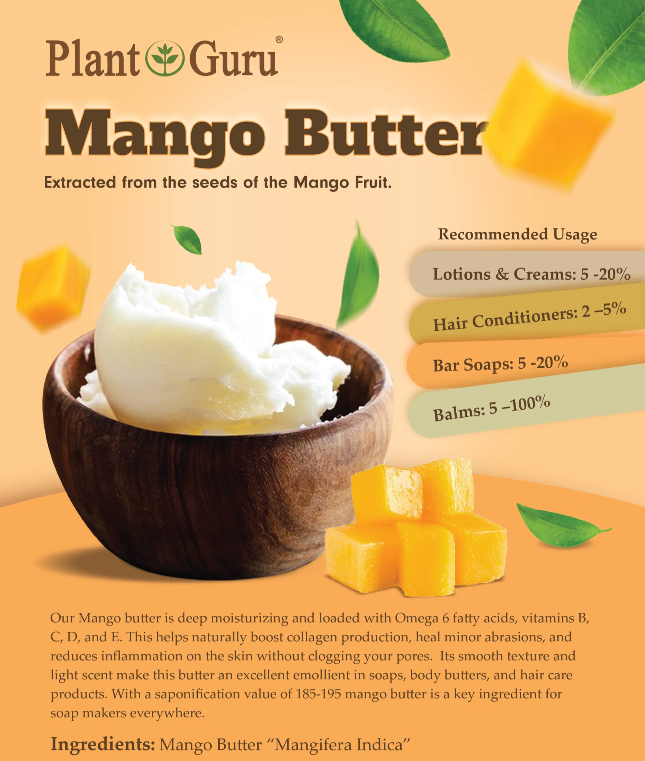 Mango Body Butter 8 oz. 100% Pure Raw Fresh Natural Cold Pressed. Skin Body and Hair Growth, DIY Creams, Balms, Lotions, Soaps.