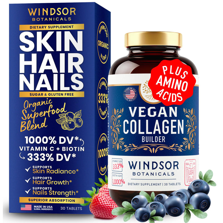 Vegan Collagen for Women and Men Supplements - Vitamin C, Biotin, Amino Acids Glycine, Lysine, Proline, Organic Fruit & Vegetable Powder - Once A Day - 30 Plant Based Collagen Boost Tablets