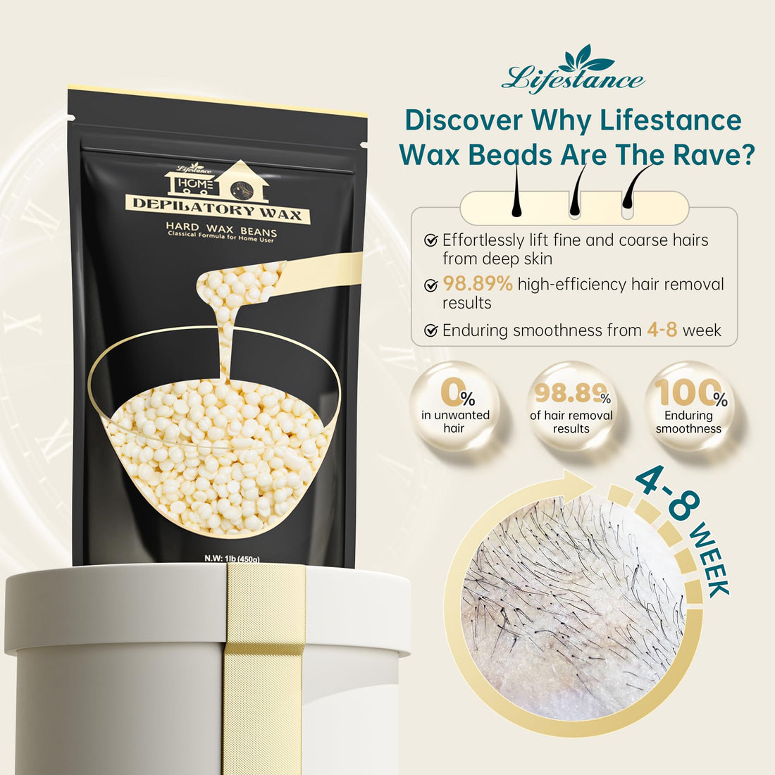 1lb Hard Wax Beans, Lifestance Wax Beads Hair Removal Hard Wax Kit for Thin & Fine Hair, Sensitive Skin, Waxing Beads for Face, Chin, Eyebrow, Bikini