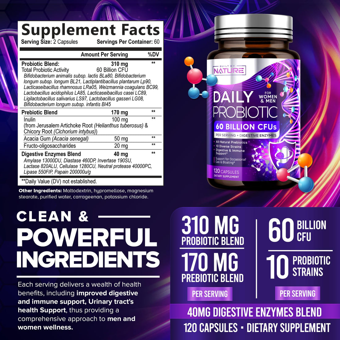 Built by Nature Probiotic for Women & Men – 60 Billion CFU, 10 Strains + Prebiotics & Digestive Enzymes – Supports Digestive, Immune, Reduce Gas & Bloating – Shelf Stable, Non-GMO - 120 Capsules