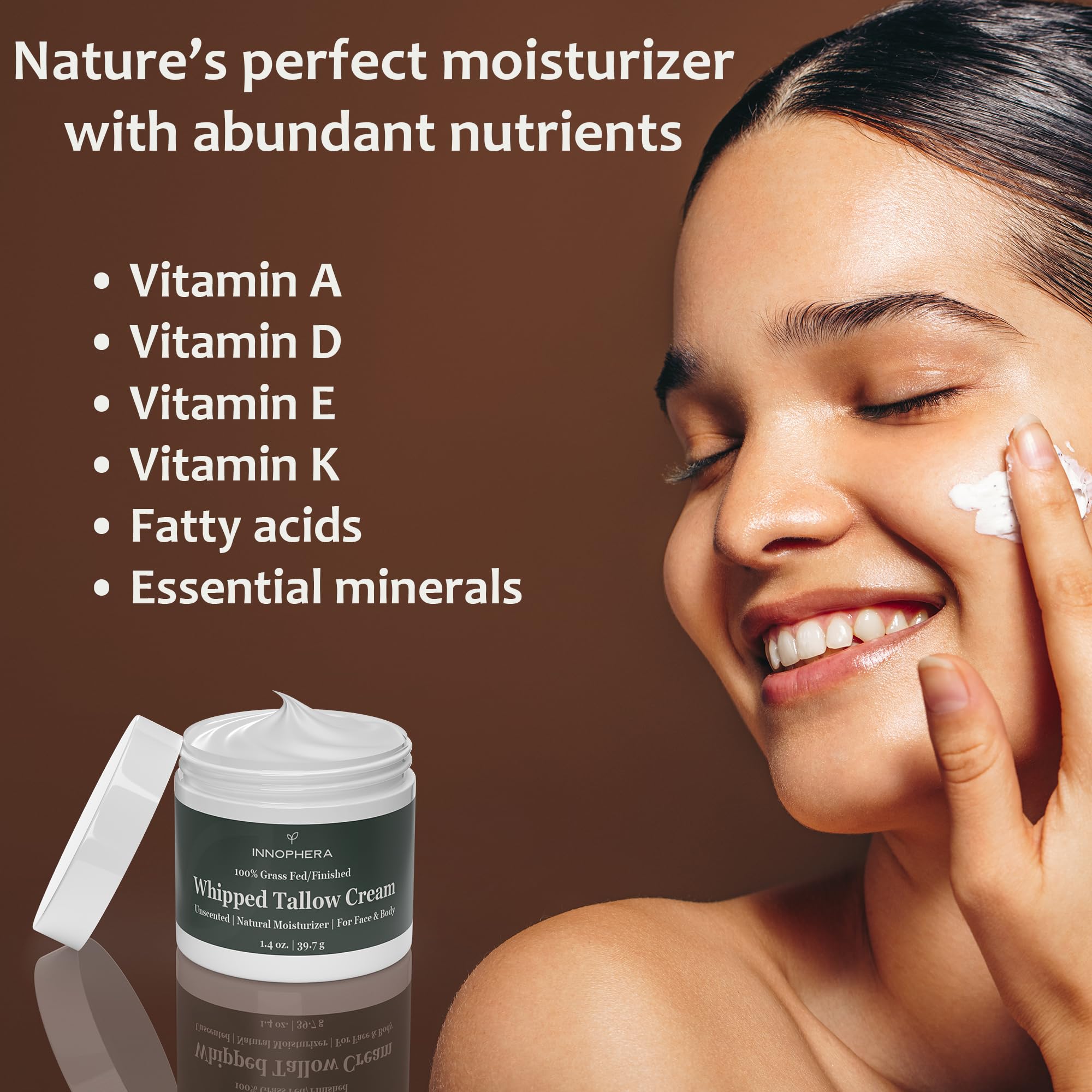 Innophera Whipped Beef Tallow Cream for Skin Care  Grass Fed & Grass Finished  100% Natural Moisturizer for Sensitive Skin  Handmade Face & Body Lotion  Unscented & Odorless  1.4 oz.