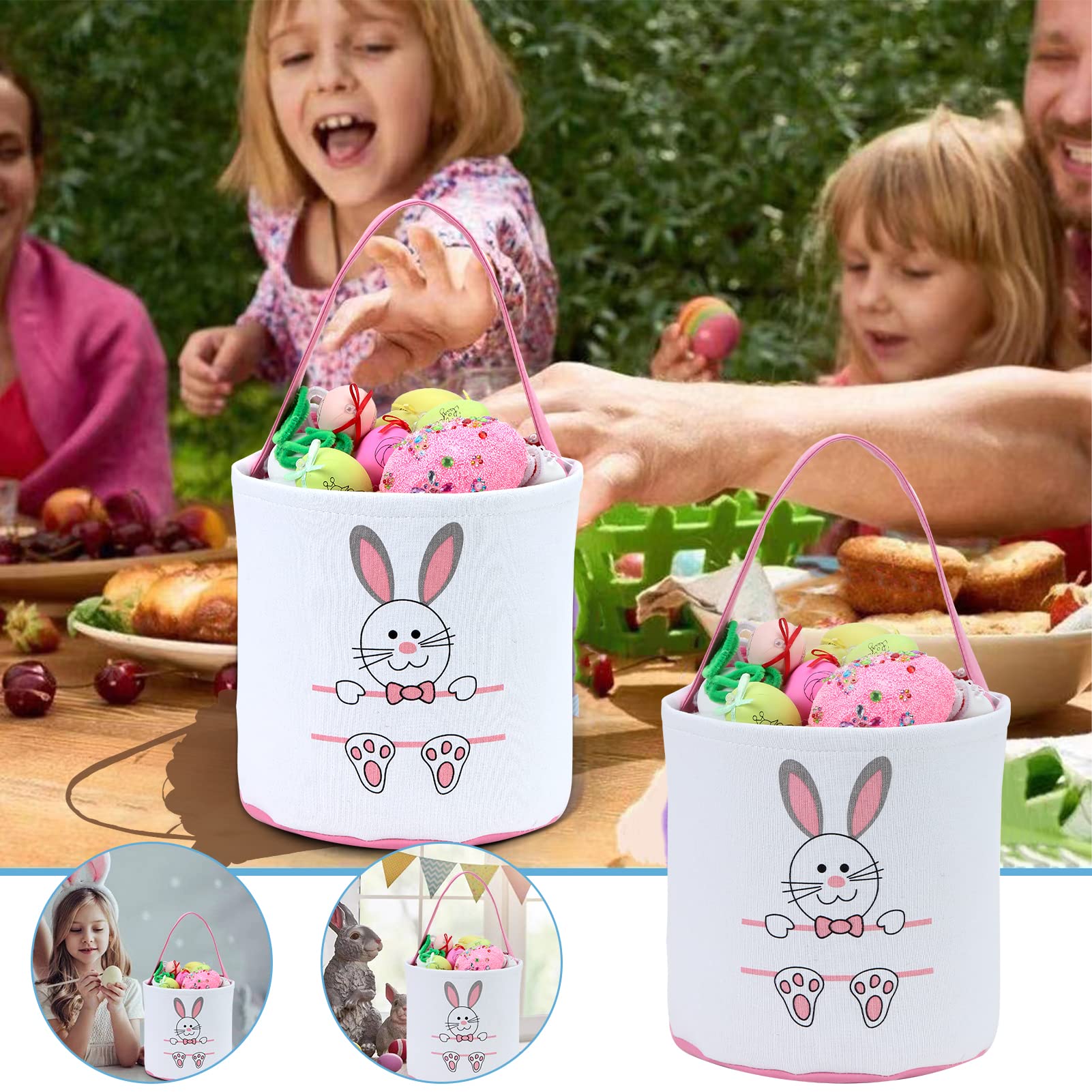 Easter Bunny Basket Egg Bags for Kids,Canvas Cotton Personalized Candy Egg Basket Rabbit Print Buckets with Fluffy Tail Gifts Bags for Easter……