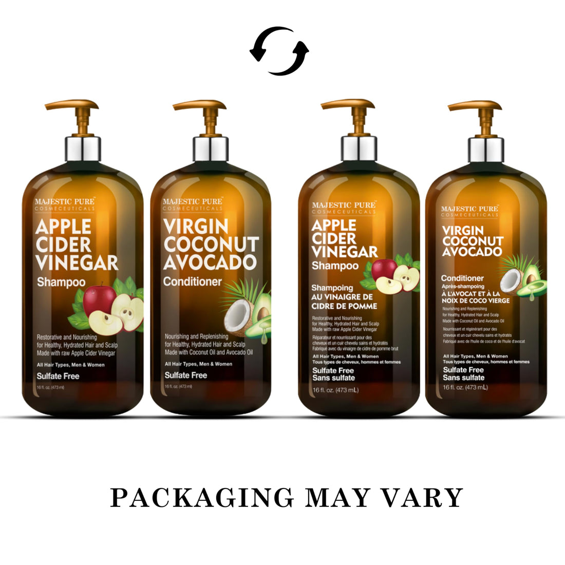 MAJESTIC PURE Apple Cider Vinegar Shampoo and Avocado Coconut Conditioner Set - Restores Shine & Reduces Itchy Scalp, Dandruff & Frizz - Sulfate Free, for All Hair Types, Men and Women - 2 x 16 fl oz