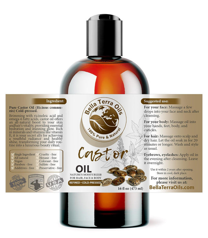 Bella Terra Oils - Organic Castor Oil 16oz - Unlocking the Power of Pure Organic Castor Nutrients, Abundant in Natural Antioxidants, Your Go-to Beauty Elixir