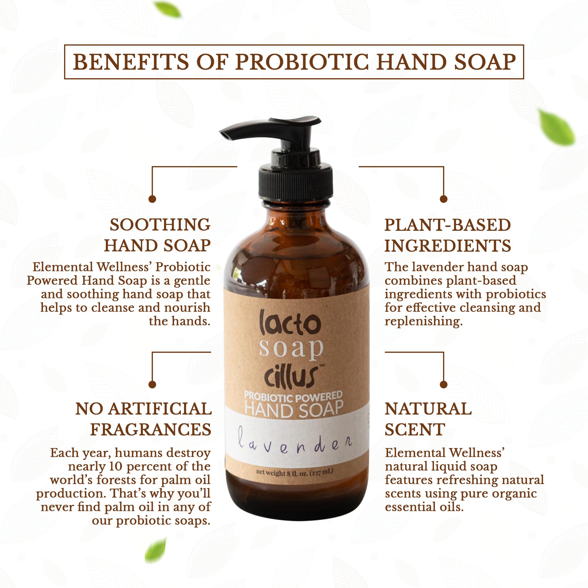 Elemental Wellness, Liquid Hand Soap - Lactosoapcillus Probiotic Soap - Natural, Vegan, and Moisturizing Hand Soap - Lavender Hand Refill Soap, Lavender Essential Oil - Palm Oil Free (8 fl oz)