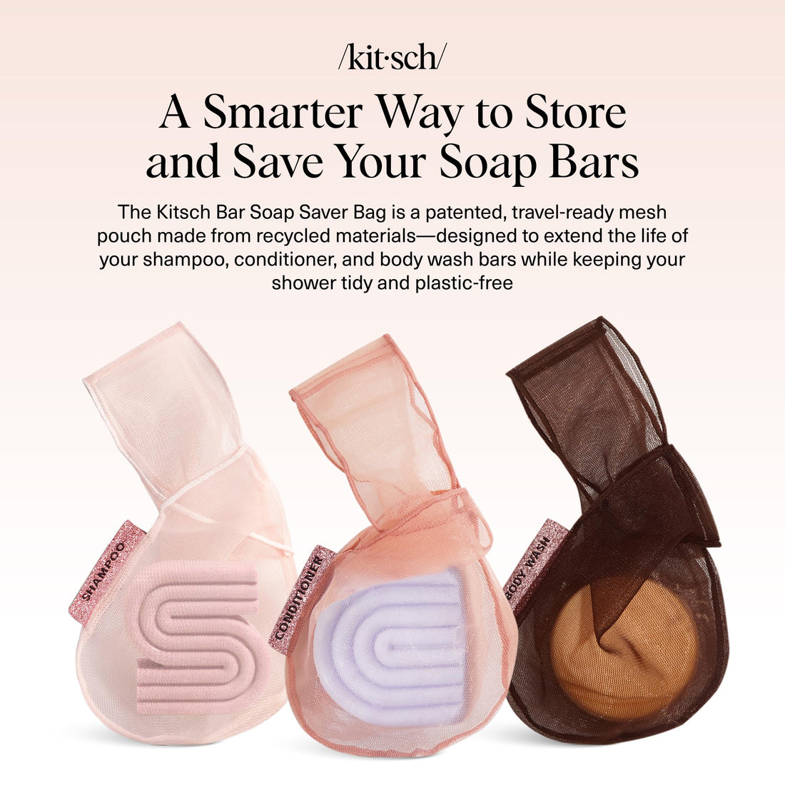 Kitsch Bar Soap Saver Bag – Recycled Mesh Beauty Bar Pouch for Body Wash, Conditioner & Shampoo Bars, Holder to Preserve Soap, Eco-Friendly, Patented Bag, 3pc Set - Blush, Terracotta & Chocolate