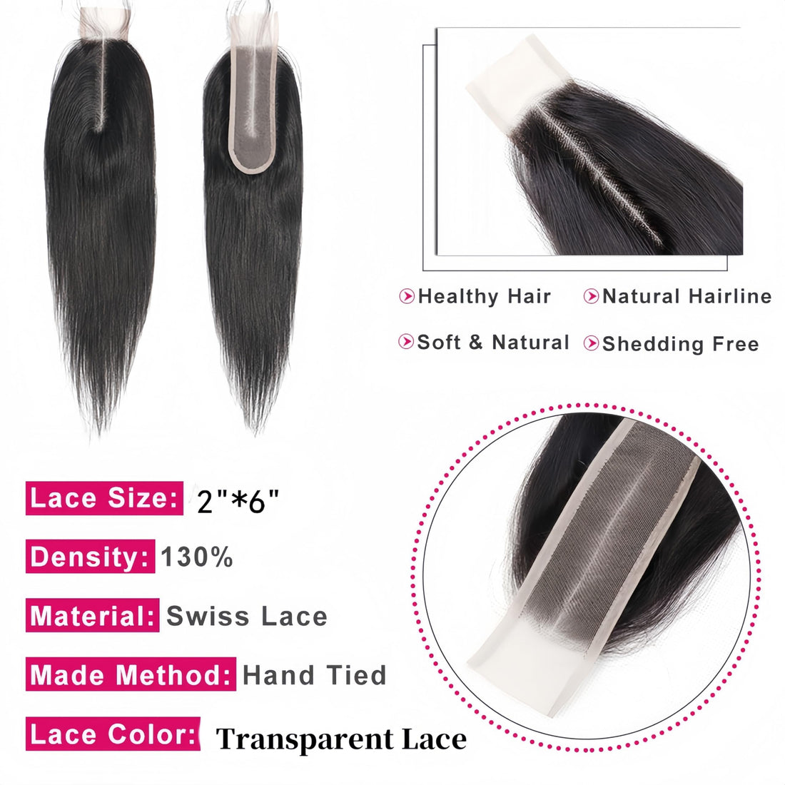 Risbaer 18 Inch: Brazilian Straight Remy Hair 2X6 Lace Closure With Full End Natural Color 100% Human Hair Middle Part Bleached Knots (18 Inch)
