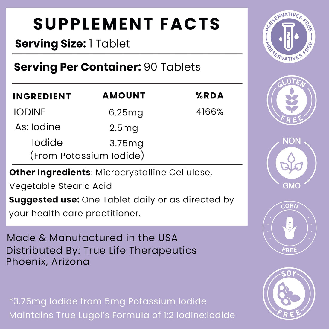 Lugol's Iodine Tablets 6.25mg x 90 ct - Reddish Brown Stable Iodine + Potassium Iodide Formula, Masks Bitter Liquid Taste, Thyroid Support, Detox, Breast Health - No Preservative, Non-GMO, Gluten-free