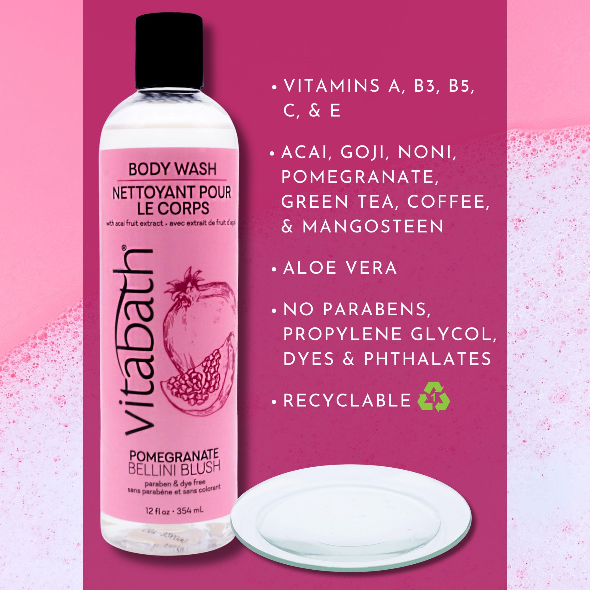 Vitabath Pomegranate Bellini Blush Body Wash Moisturizing Bath & Shower Cleanser Infused with Acai, Pomegranate, Orange & Apple Fruit Extracts - Cruelty-Free, Paraben-Free - 10 oz