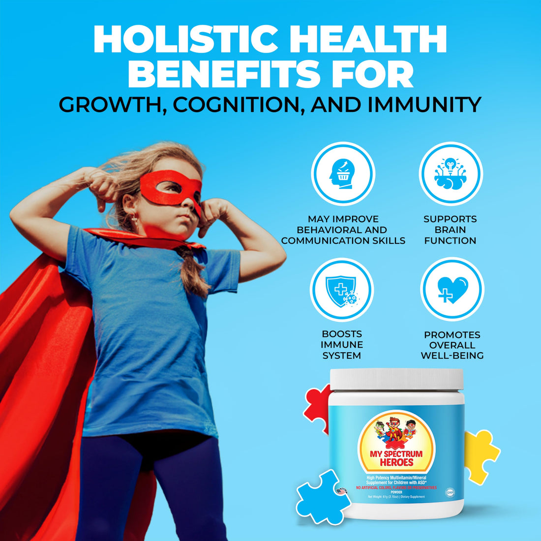 My Spectrum Heroes Kids Powder Multivitamin - Easy to Mix Powder Supplement, Better Absorption, Non-GMO, Non-Gluten, No Artificial Ingredients - Neural Help for Children on The Spectrum - 30 Servings