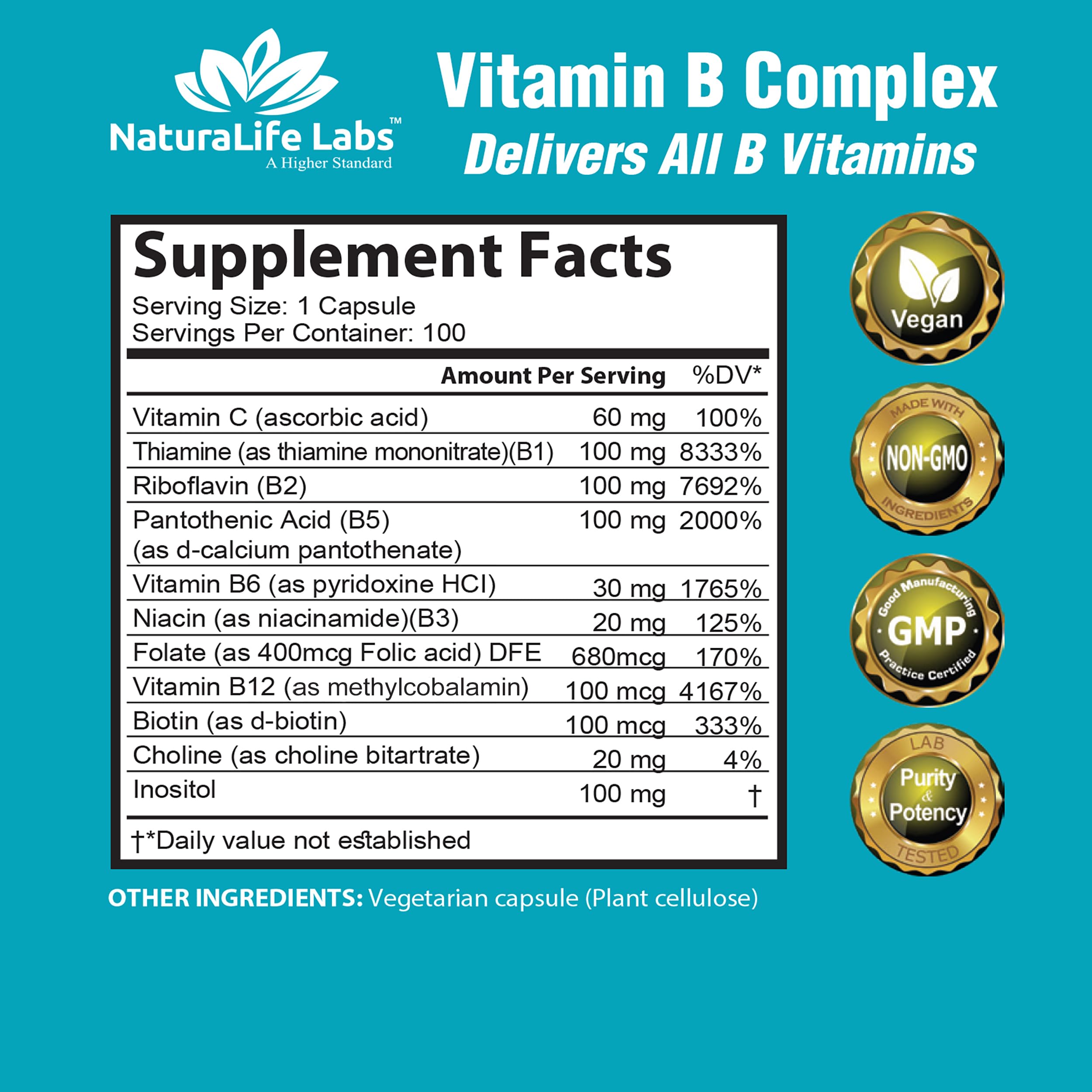 NaturaLife Labs A Higher Standard Vitamin B Complex with Vitamin C and Folic Acid - B12, B1, B2, B3, Vitamin B5 Pantothenic Acid, B6, B7, B9 - Nervous System Support 100 Veggie Capsules
