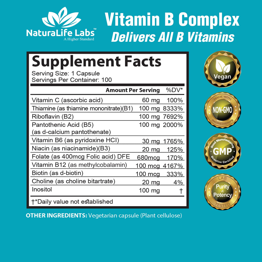 NaturaLife Labs A Higher Standard Vitamin B Complex with Vitamin C and Folic Acid - B12, B1, B2, B3, Vitamin B5 Pantothenic Acid, B6, B7, B9 - Nervous System Support 100 Veggie Capsules