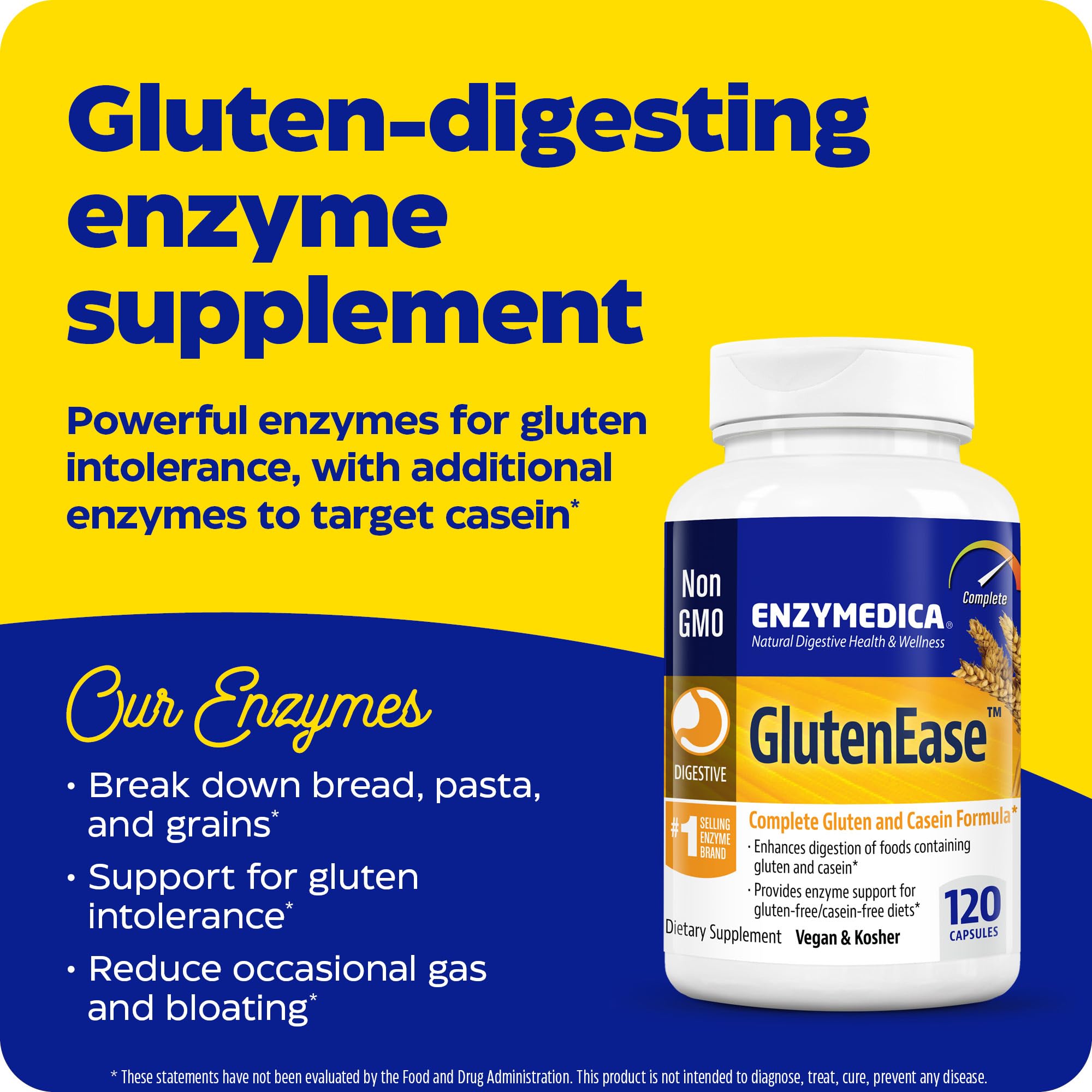 Enzymedica GlutenEase, Digestive Enzymes for Food Intolerance, Support for Hidden Gluten & Cross-Contamination, Offers Fast Acting Gas & Bloating Relief, 120 Count (FFP)