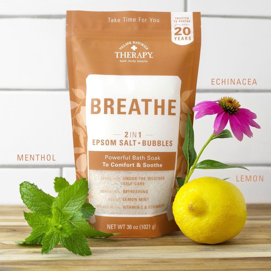 Village Naturals Breathe Foaming Body Soak, Epsom Salt, Essential Oils, Soothing Bubbles, Sea Salt 36 oz, Pack of 2