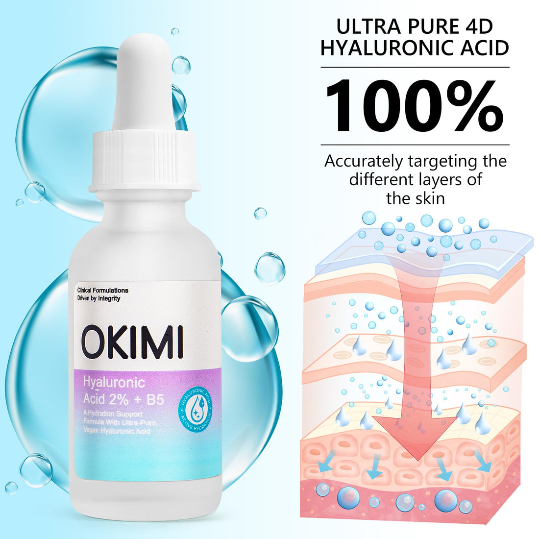 OKIMI Hyaluronic Acid 2% + B5 Hydration Support Formula 30ml with Ultra-Pure Vegan Hyaluronic Acid Serum and Vitamin B5, Face Hydrating Moisturizer, Plump and Smooth Skin, Anti-Aging
