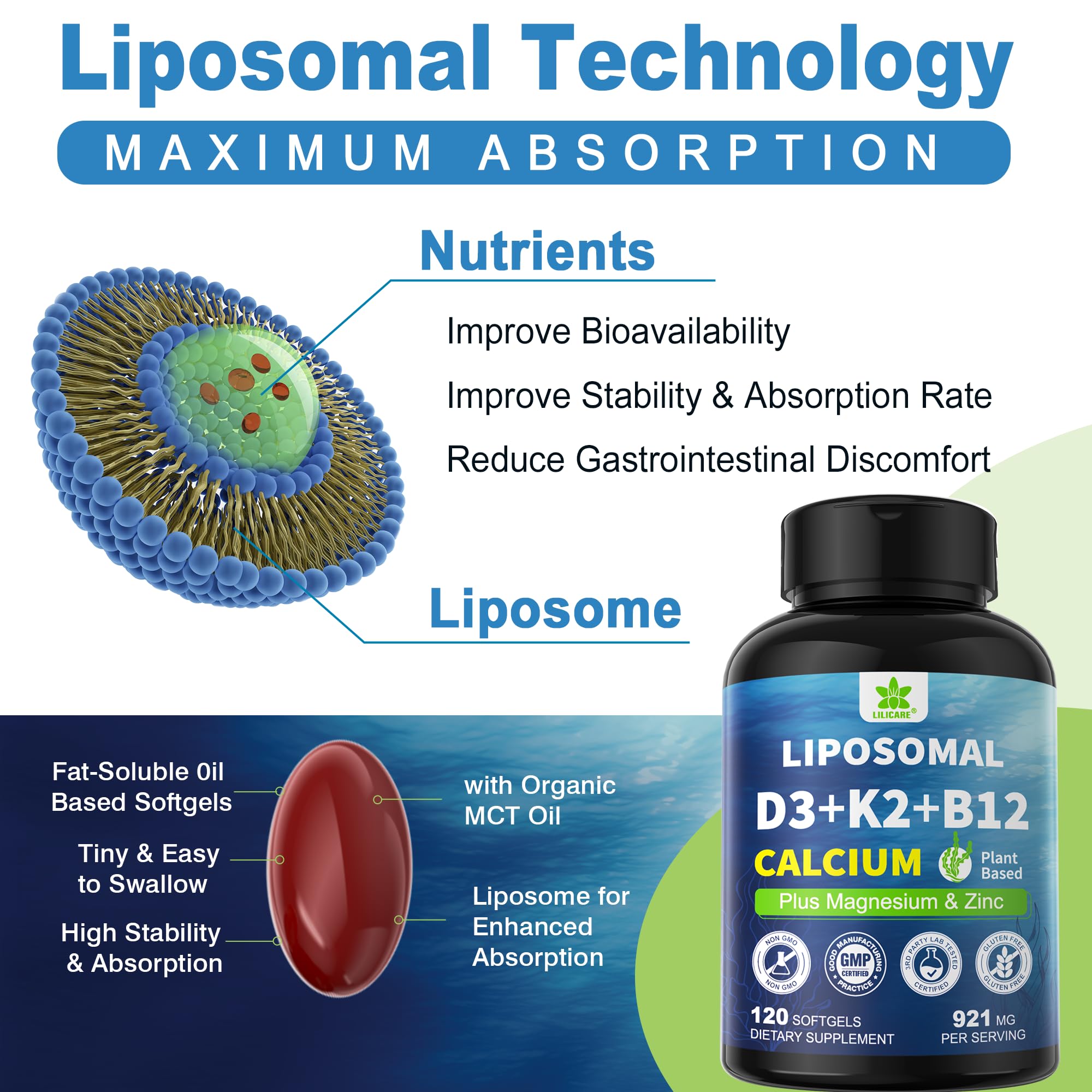 LILICARE 6-in-1 Liposomal Vitamin D3 K2 Calcium Supplement - Plant Based Calcium 600mg with Vegan Vitamin D 5000 IU + Vitamin K2 MK7 + B12, Algae Magnesium Zinc for Bone, Max Absorption - Pack of 1