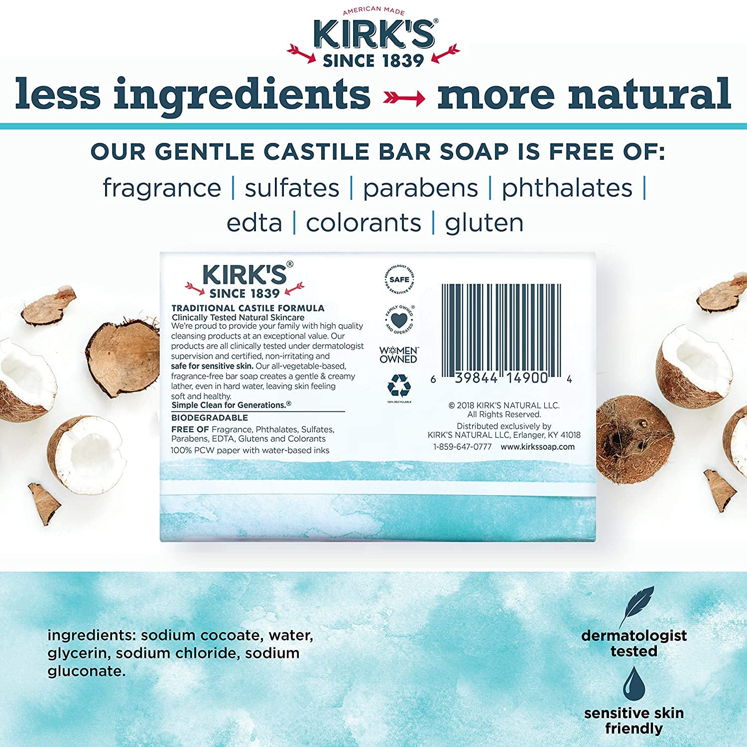 Kirk's Natural Original Coco Castile Soap Fragrance Free, 4 Ounce (Pack of 24)