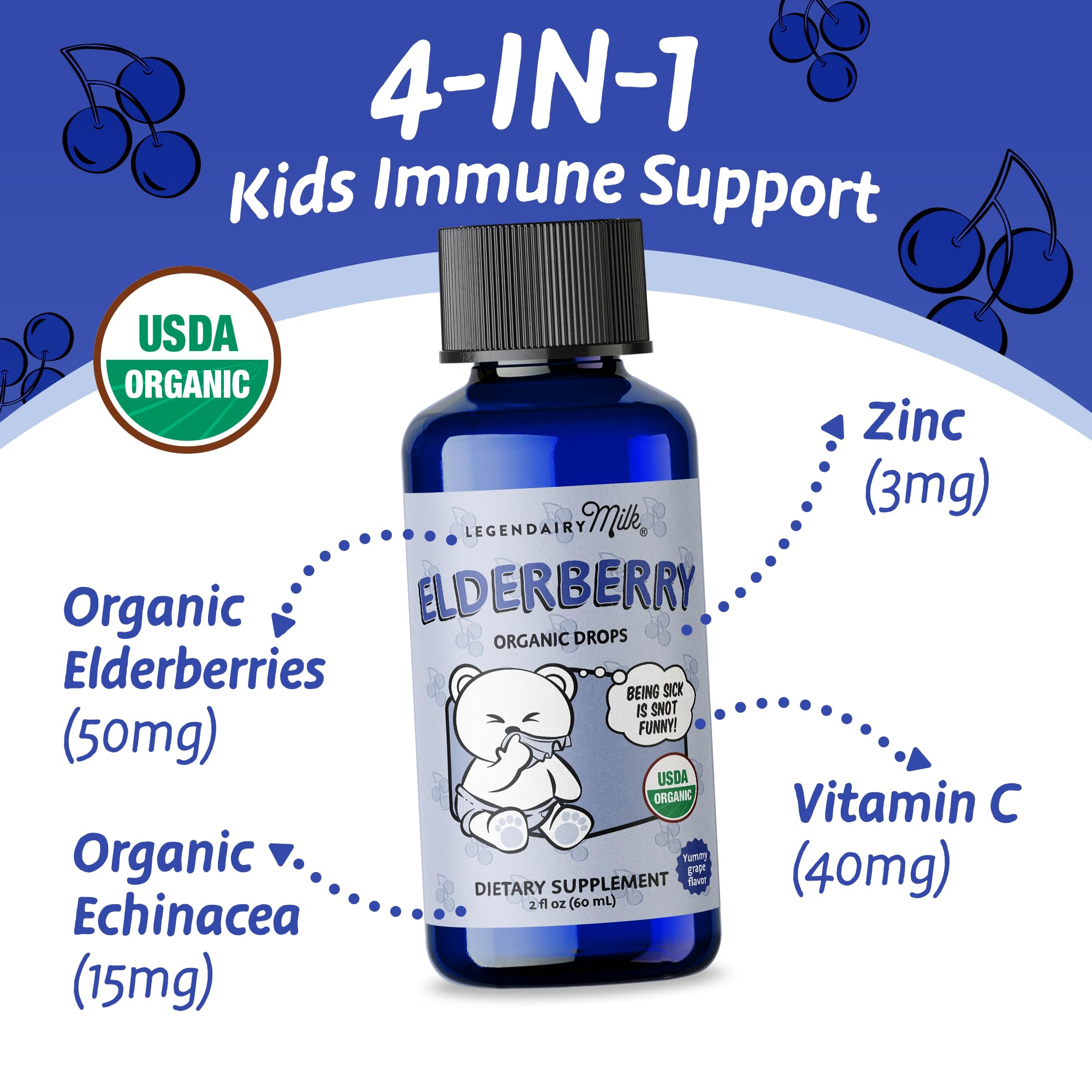 Legendairy Milk Organic Elderberry Drops - Baby Multivitamin with Echinacea, Vitamin C & Zinc for Immune Support - Ideal for Babies & Toddlers, Non-GMO - 30 Servings