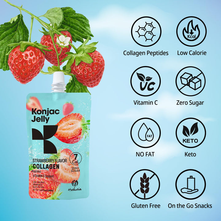 Hethstia Konjac Jelly Strawberry Flavor with Collagen Peptides – 10 Pack Drinkable Strawberry Jelly Squeeze Pouches, 7 Kcal, 0 Sugar, Keto, Gluten-Free, Vitamin C Healthy Snacks & Food Gifts