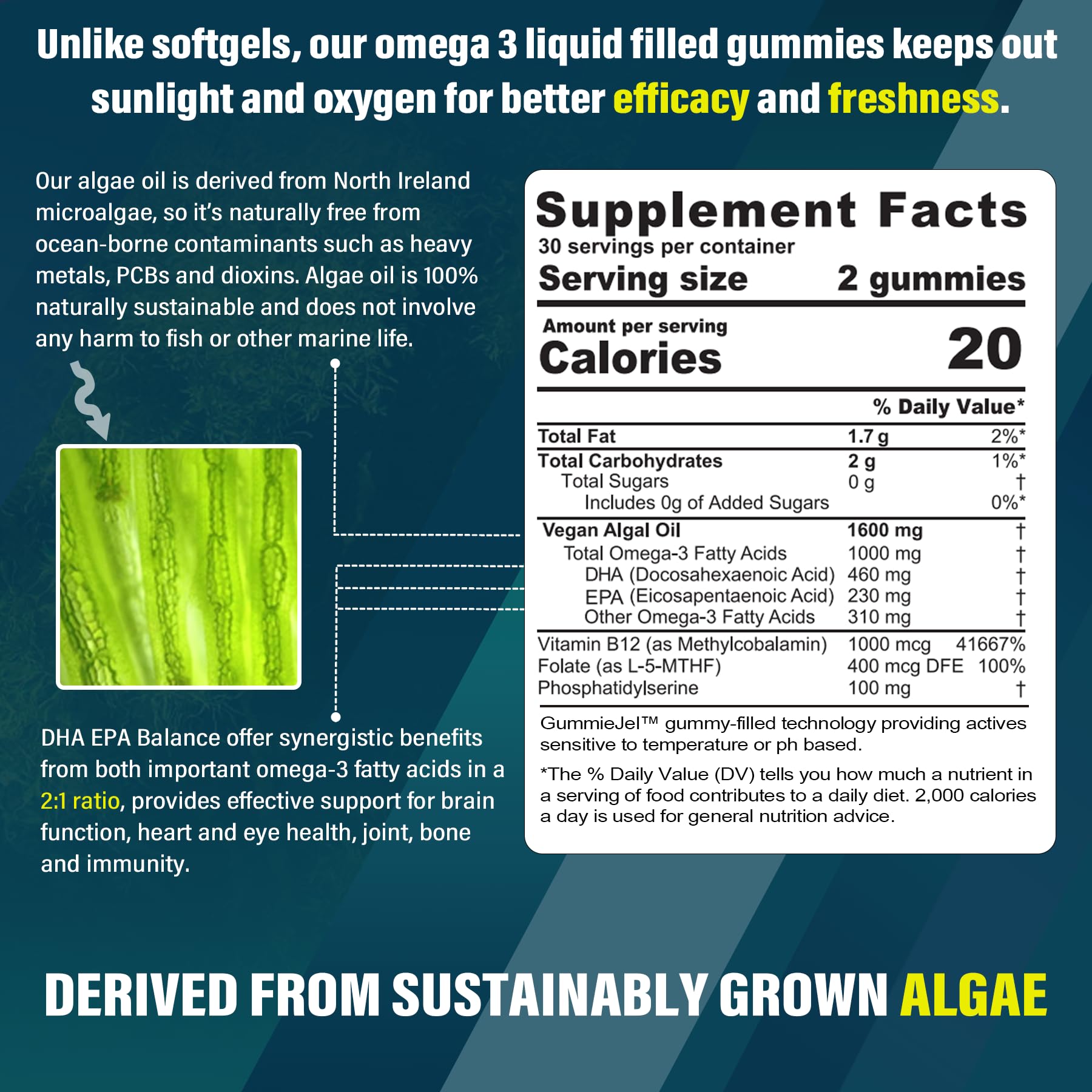 Vegan Omega 3 Gummies 1000mg w/MethylFolate, Vitamin B12, Omega 3 Fish Oil Alternative for Adults, Plant Based DHA 460mg & EPA 230mg for Brain, Mobility, Eye & Immune, Sustainable, Sugar Free, 120 Cts