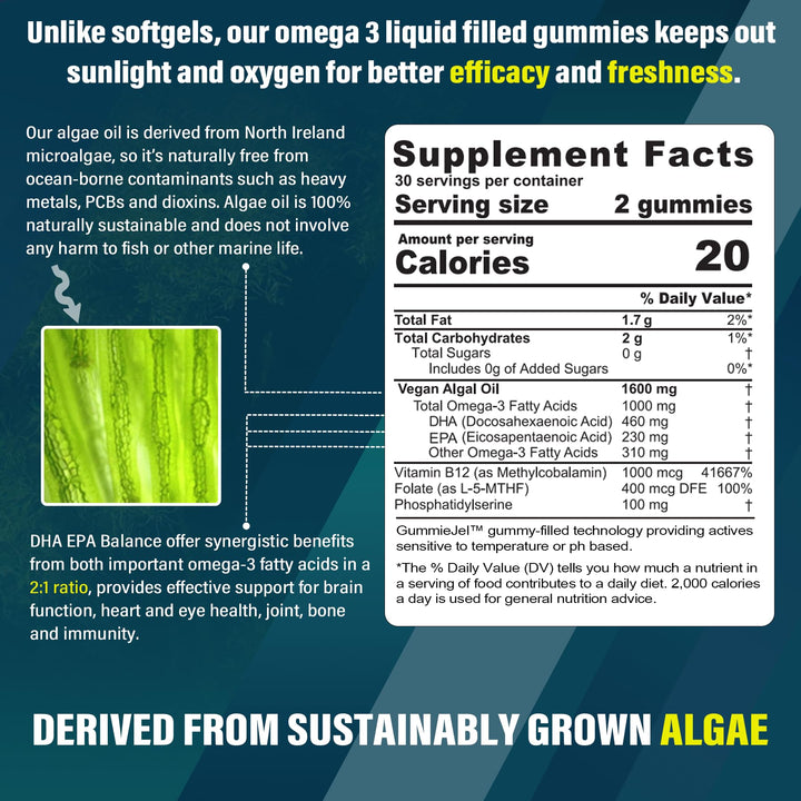 Vegan Omega 3 Gummies 1000mg w/MethylFolate, Vitamin B12, Omega 3 Fish Oil Alternative for Adults, Plant Based DHA 460mg & EPA 230mg for Brain, Mobility, Eye & Immune, Sustainable, Sugar Free, 120 Cts