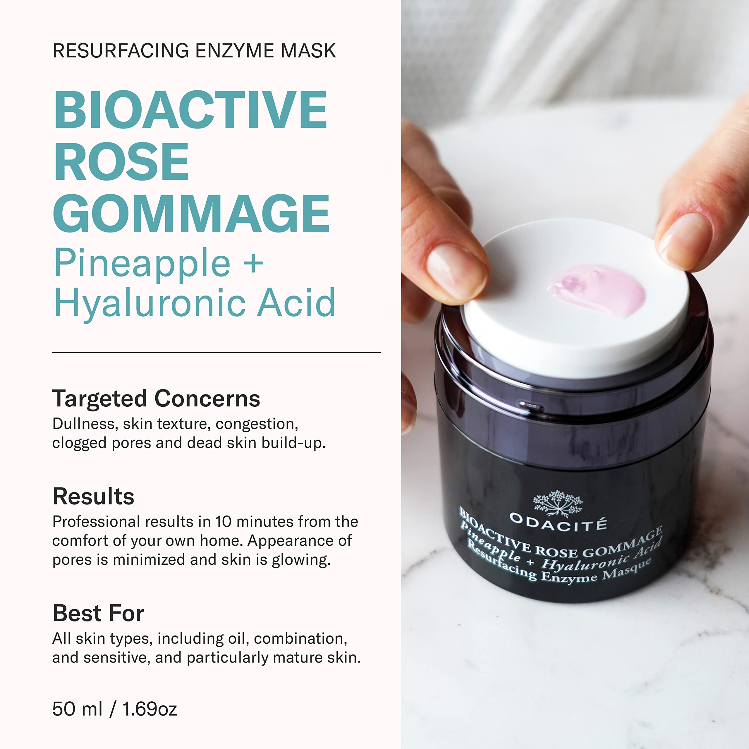 Odacité Exfoliating Face Peel Mask - Bioactive Rose Gommage, Pineapple, and Hyaluronic Acid Gel Glow Recipe- Resurfacing Enzyme Mask for Dullness, Clogged Pores and Dead Skin Build Up, 1.69 fl oz
