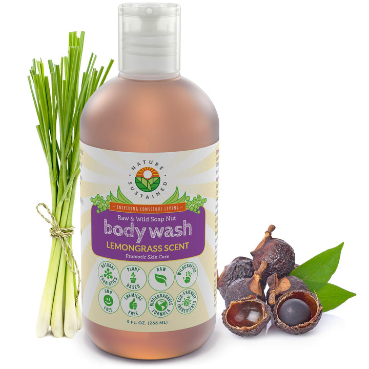 Nature Sustained Lemongrass Organic Body Wash - All Natural Probiotic Soothing Skin Care Body Soap & Face Wash - Raw Wildcrafted Hydrating Sulfate Free Mild Bodywash for Sensitive & Dry Skin - 9 Oz