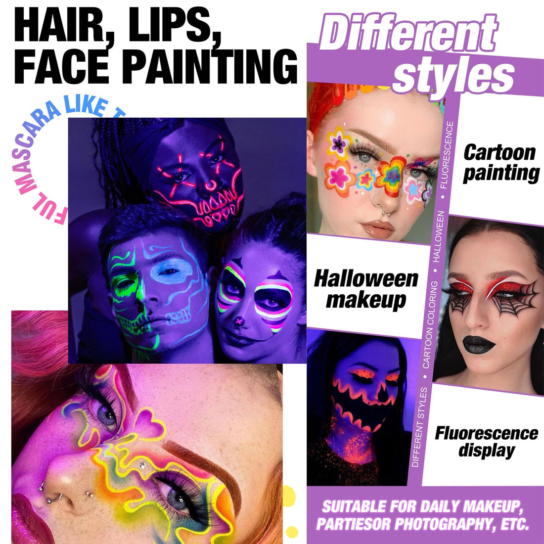 MEICOLY 2 Packs Water Activated Eye Liner Palette,Neon Face Paint Colored Retro Hydra Liner,Water Activated Eyeliner,Matte Graphic Eyeliner,UV Blacklight Glow Black White Face Body Paint,16 Colors