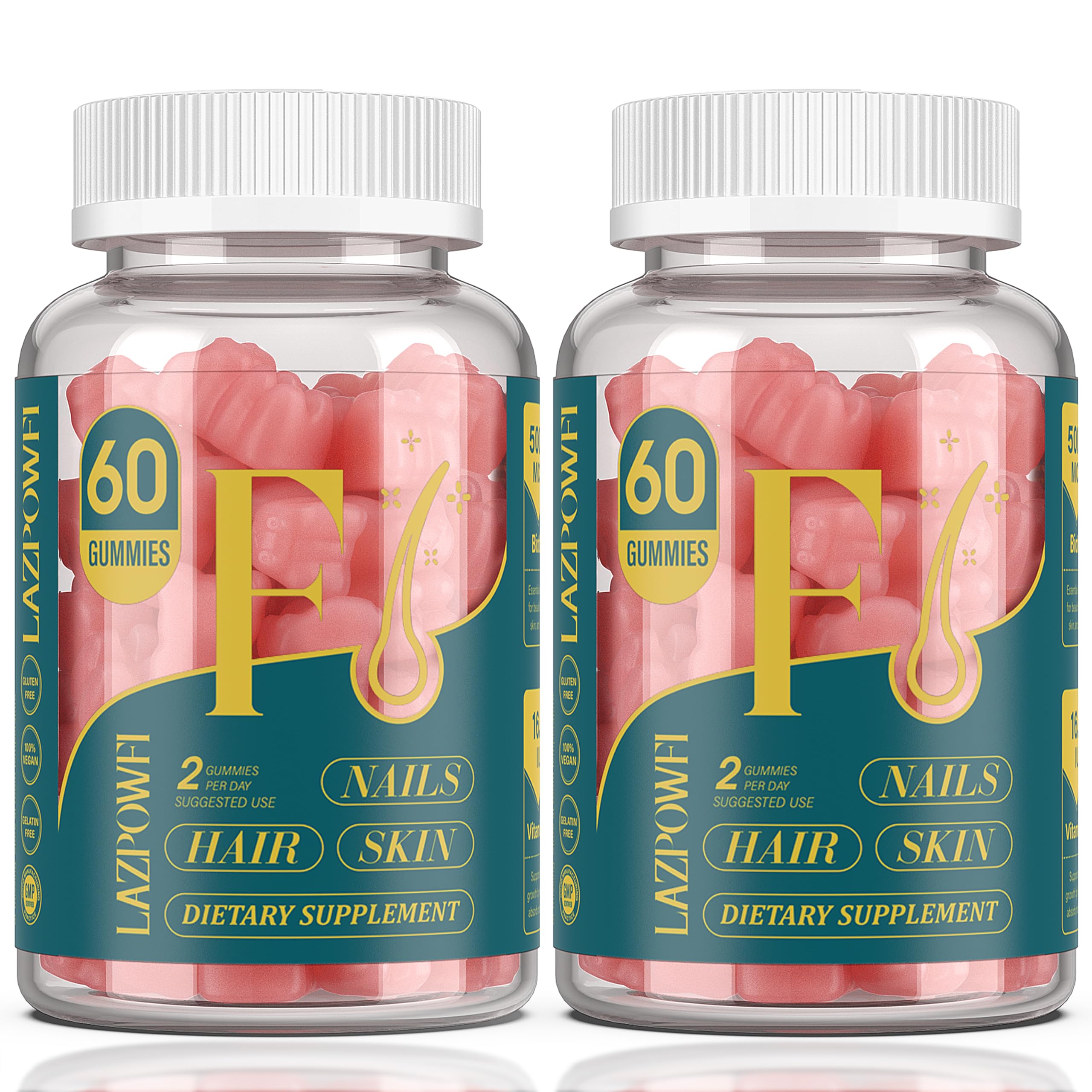 Lazpowfi Biotin Gummies -Hair Skin and Nails Vitamins for Men & Women, Vegan Vitamin B7, Supports Hair Growth and Stronger Nails,60 Day Supply-Raspberry-2 Pack