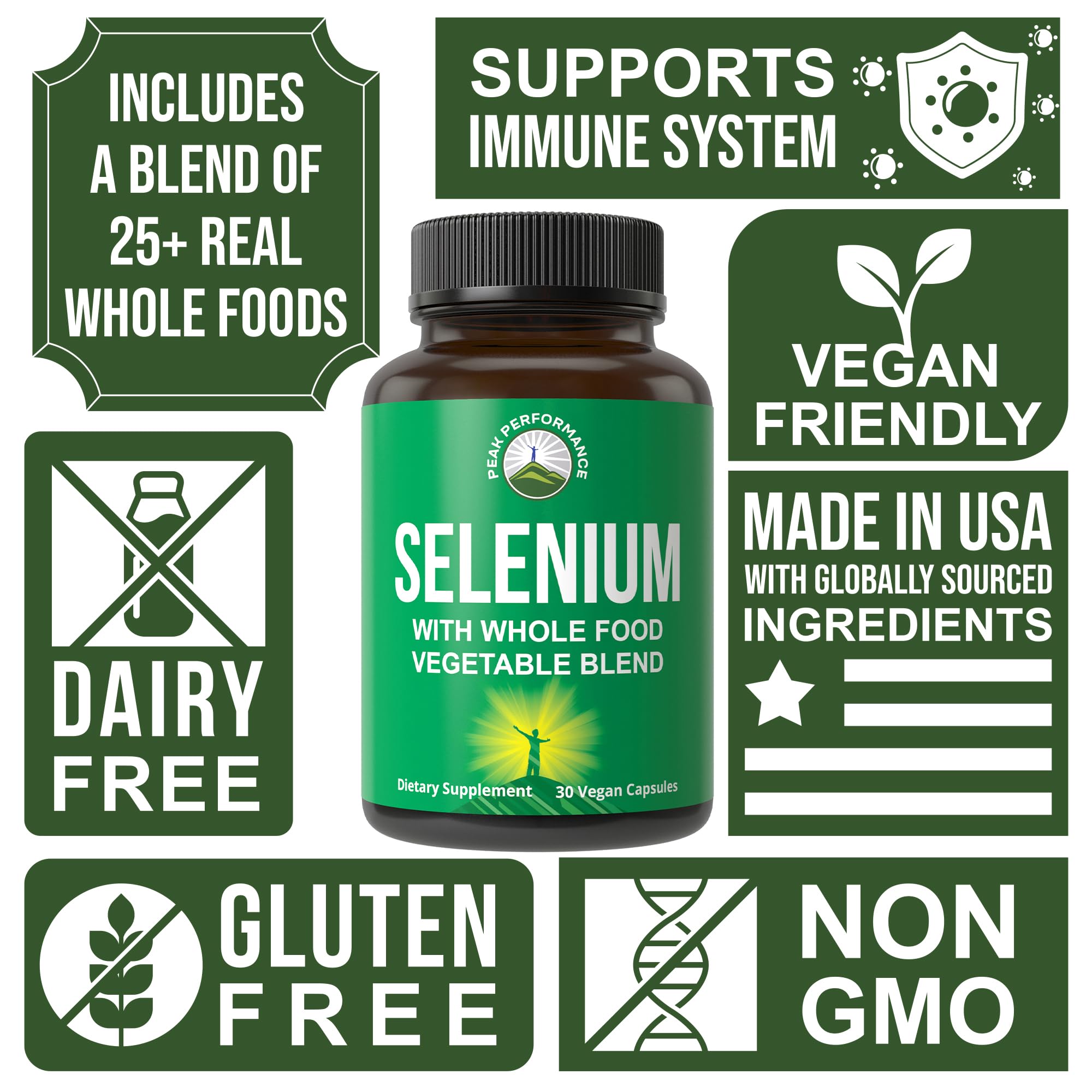 Selenium Supplement with Whole Food Blend of 25+ Vegetables and Fruits for Max Absorption. Pure Selenium Vegan Capsules for Immune System, Thyroid Support, Heart Health, Prostate Support. 30 Pills