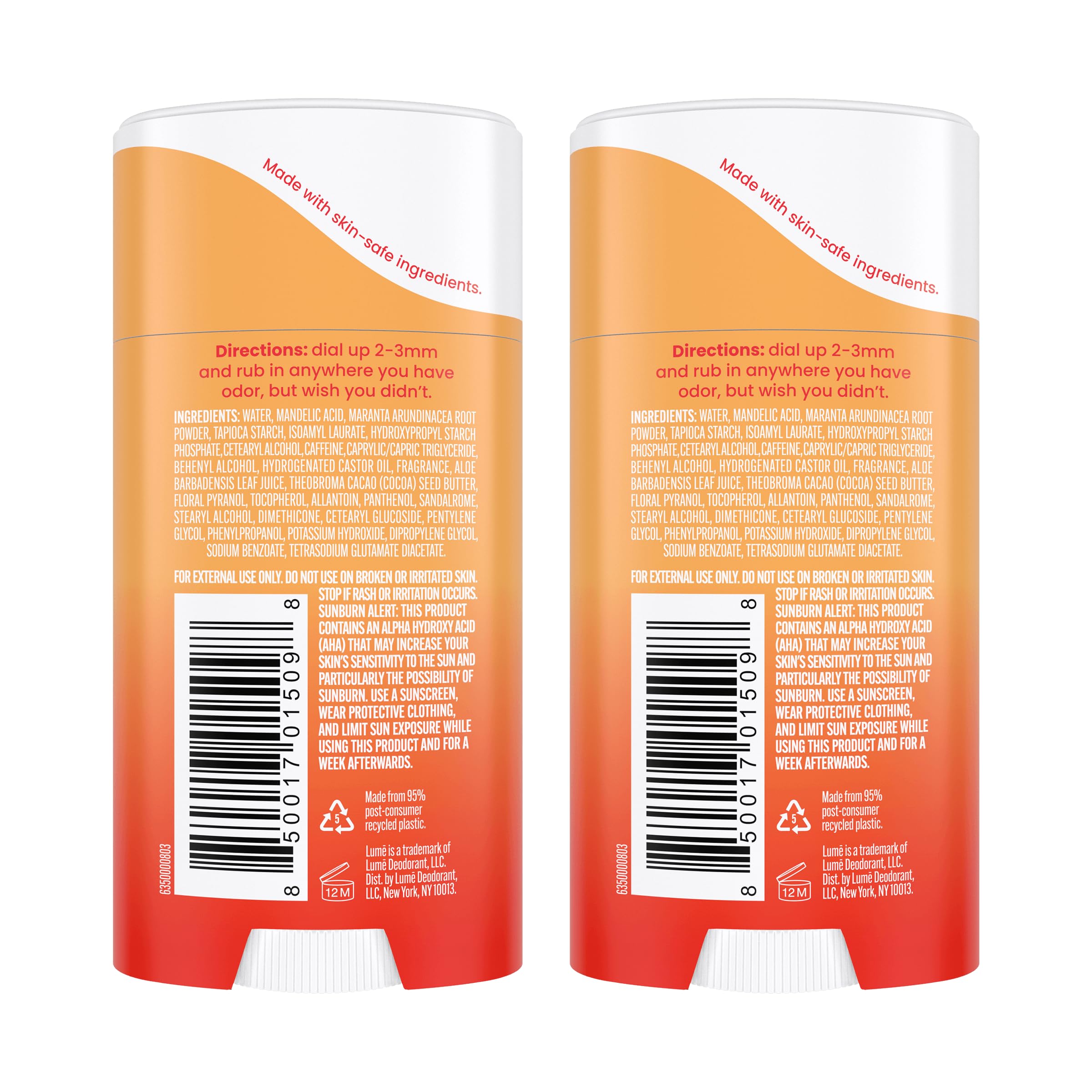 Lume Whole Body Deodorant - Invisible Cream Stick - 72 Hour Odor Control - Aluminum Free, Baking Soda Free, Skin Safe - 2.2 Ounce (Pack of 2) (Clean Tangerine)