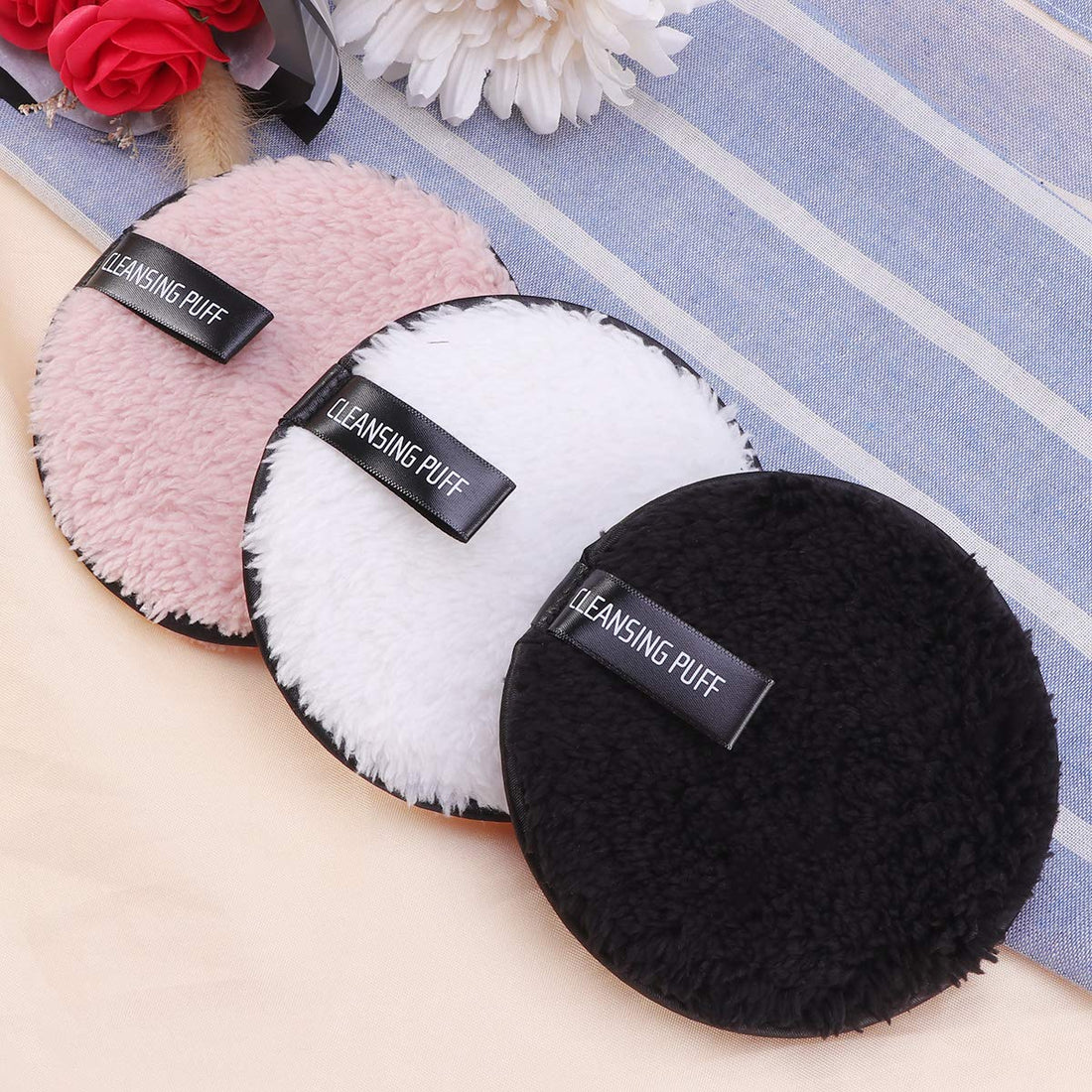 Frcolor 3pcs Double-Side Foundation Cosmetic Powder Puff Cloth Towels Washable Makeup Rmover Puff Sponge for Facial Cleansing