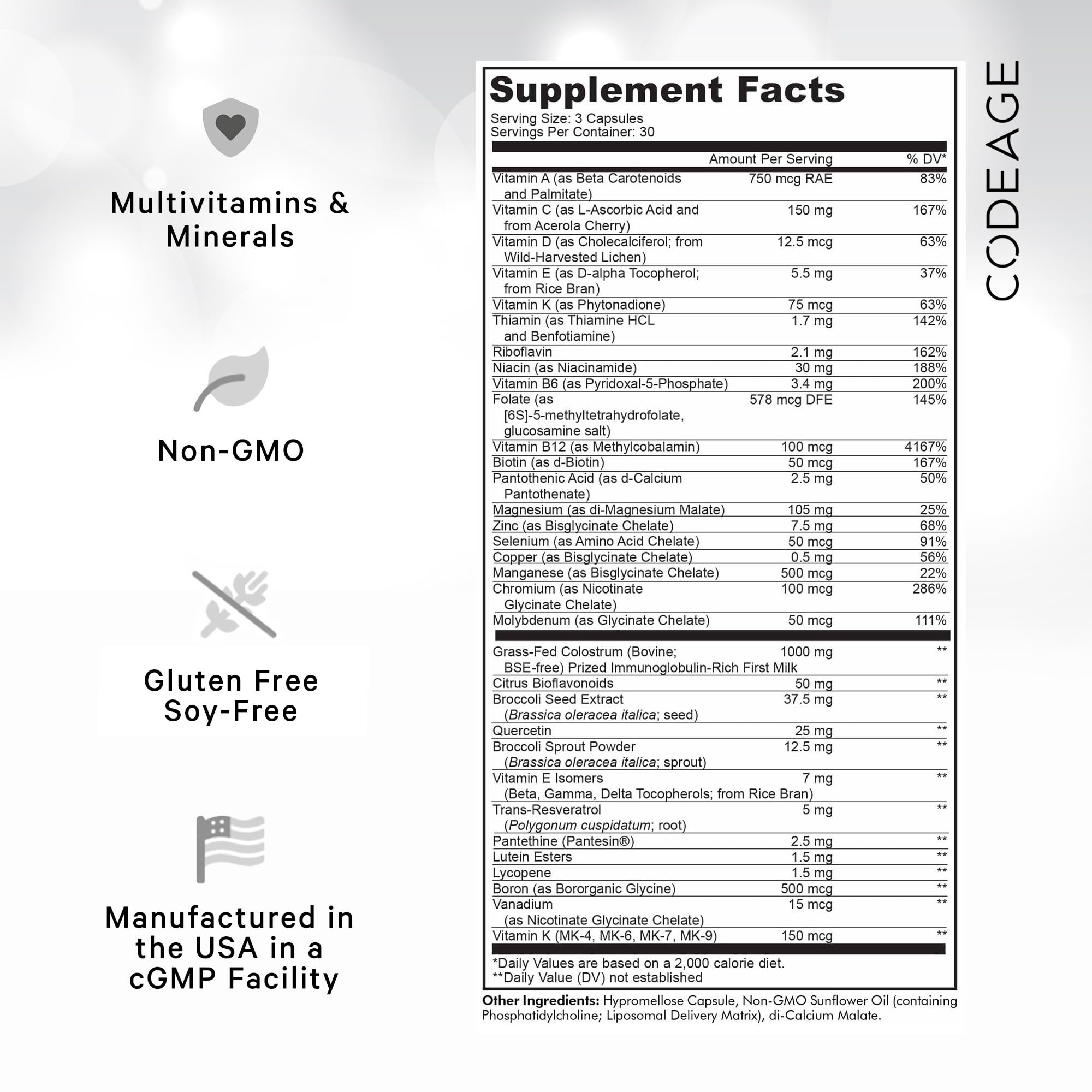 Codeage Multivitamin Recovery Elite Max Supplement - Vitamins A, C, D, E, B-Complex, Essential Minerals, Antioxidants, Colostrum, Phytonutrients, Pantethine, Non-GMO, Sport Multivitamins - 90 Capsules