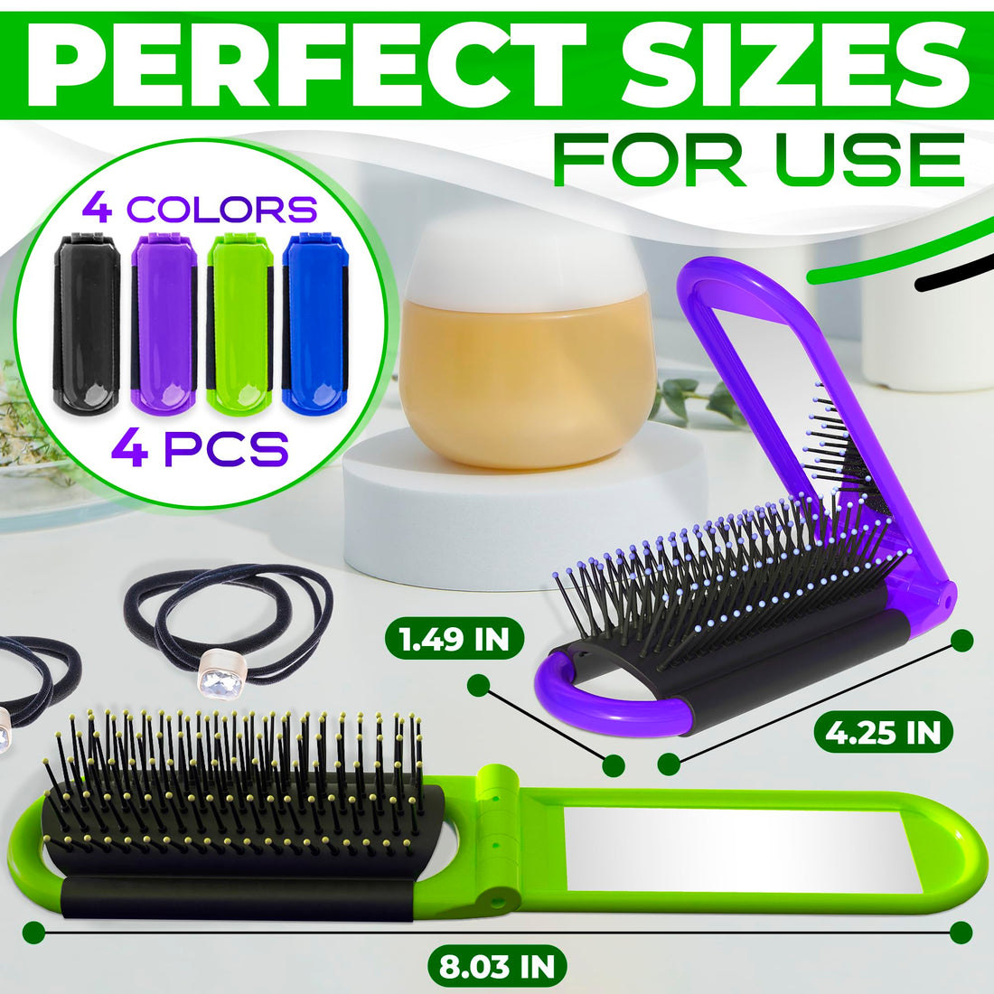 Pack of 4 Portable Folding Hair Brush with Mirror Compact Pocket Hair Compact Anti-static Hair Comb - Hair Styling Tools Pocket Size for Travel Car Gym Bag Purse-Black